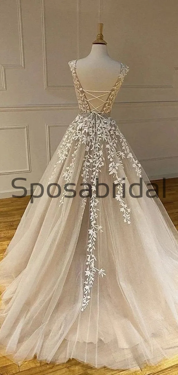 A-line Straps Champagne Lace Long Formal Modest Prom Dresses PD2265