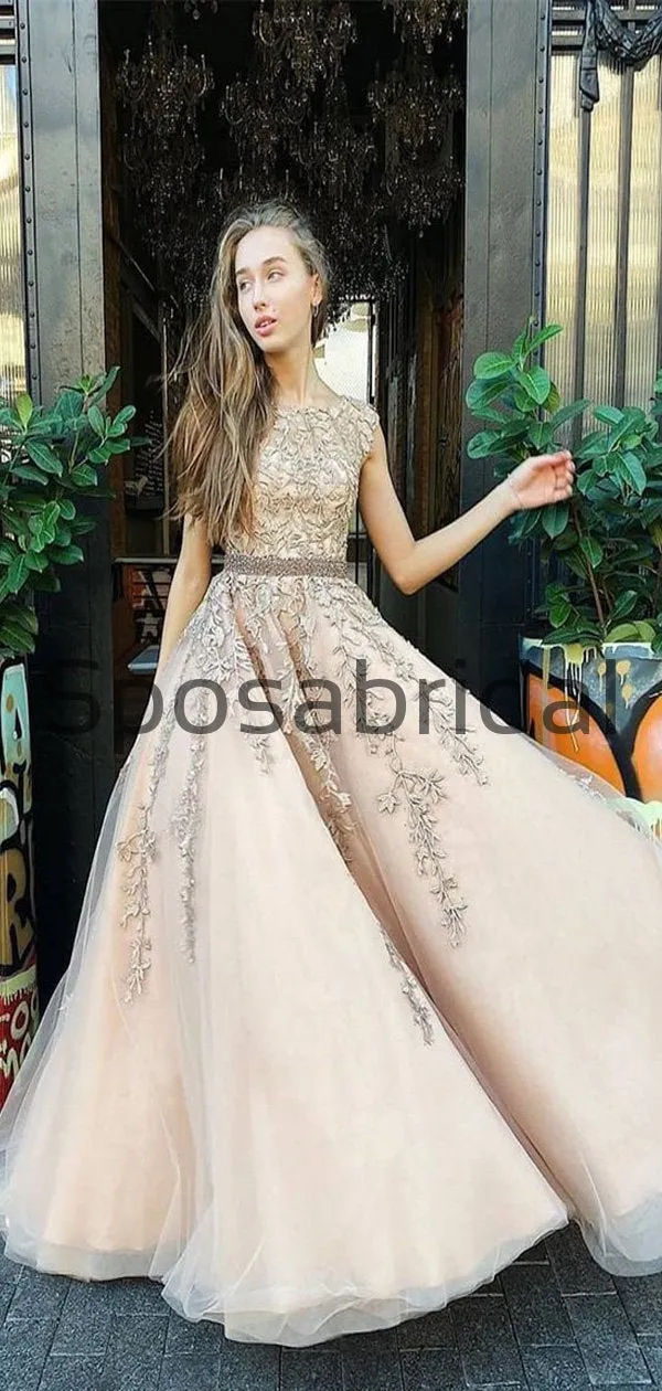 A-line Straps Champagne Lace Long Formal Modest Prom Dresses PD2265