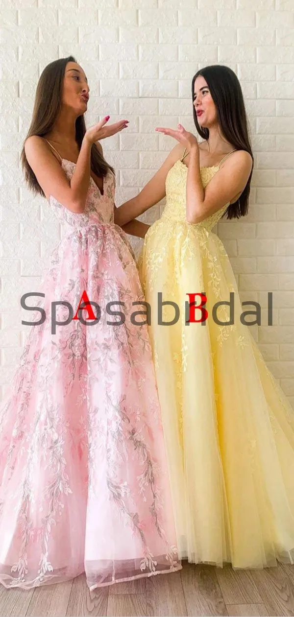 A-line Straps Yellow Pink Lace Modest Formal Long Prom Dresses PD2145
