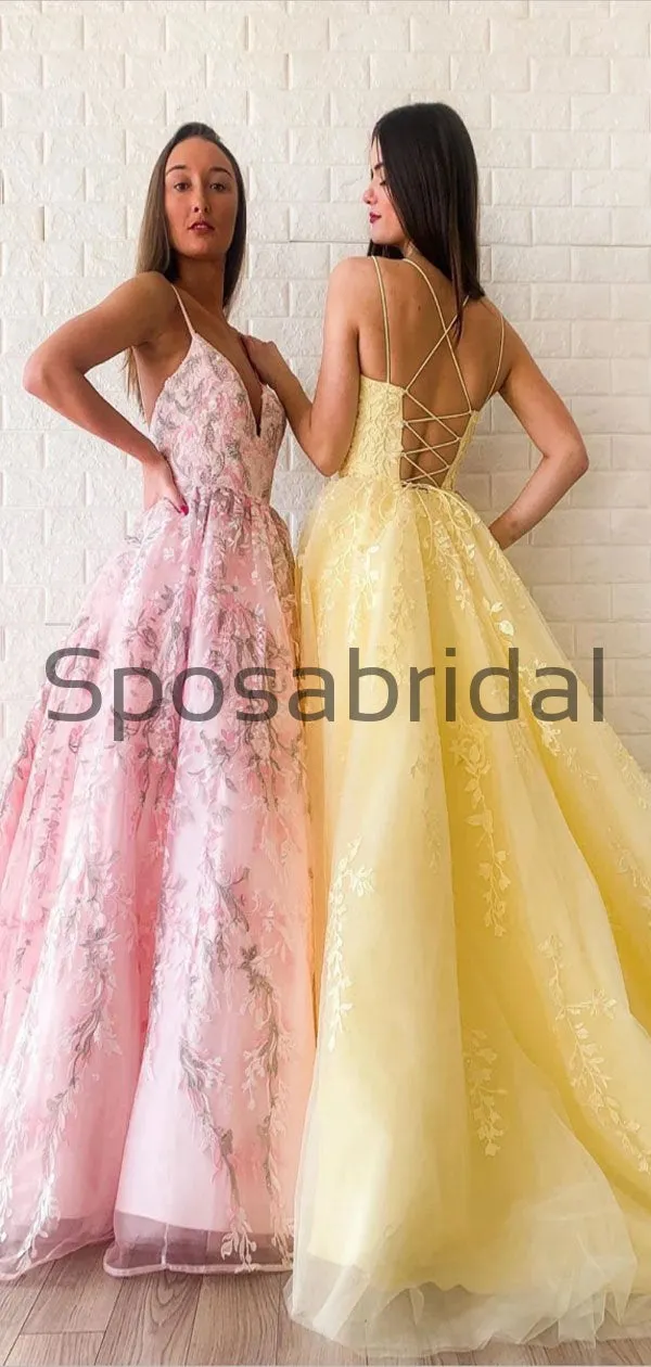 A-line Straps Yellow Pink Lace Modest Formal Long Prom Dresses PD2145