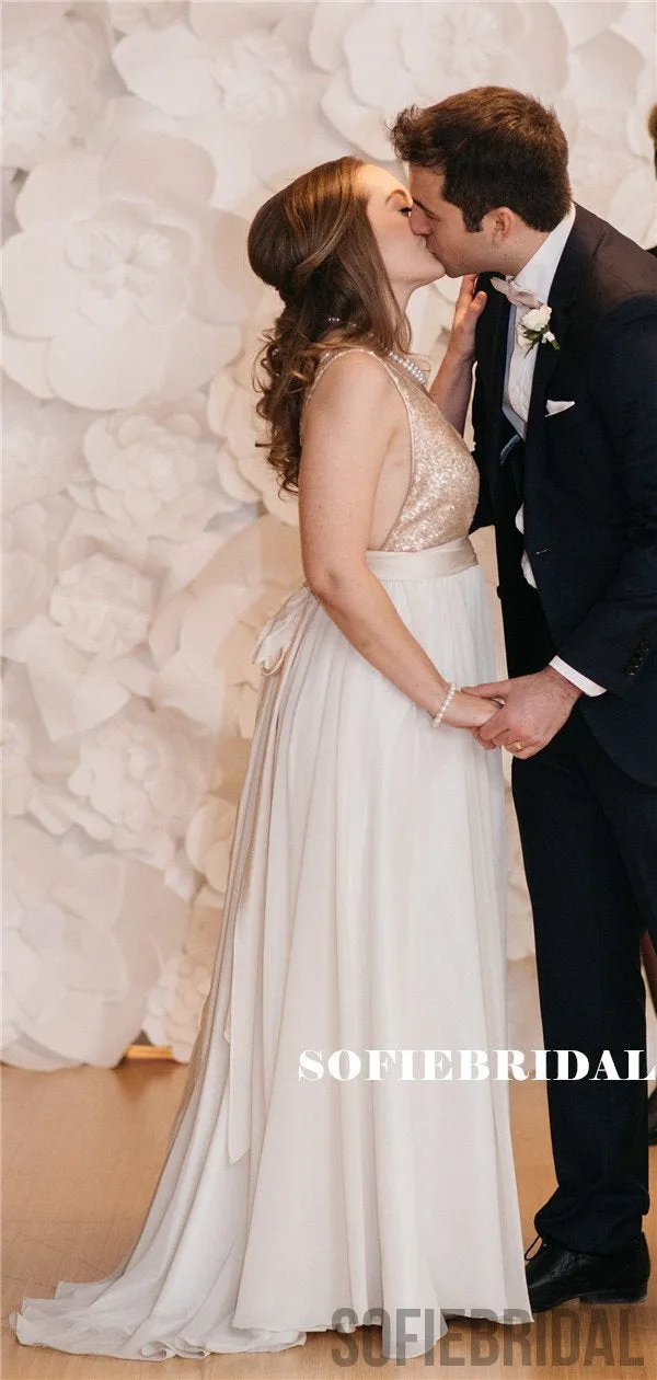 A-line V-neck Sequins Top Backless Long Chiffon Wedding Dresses, WD0484