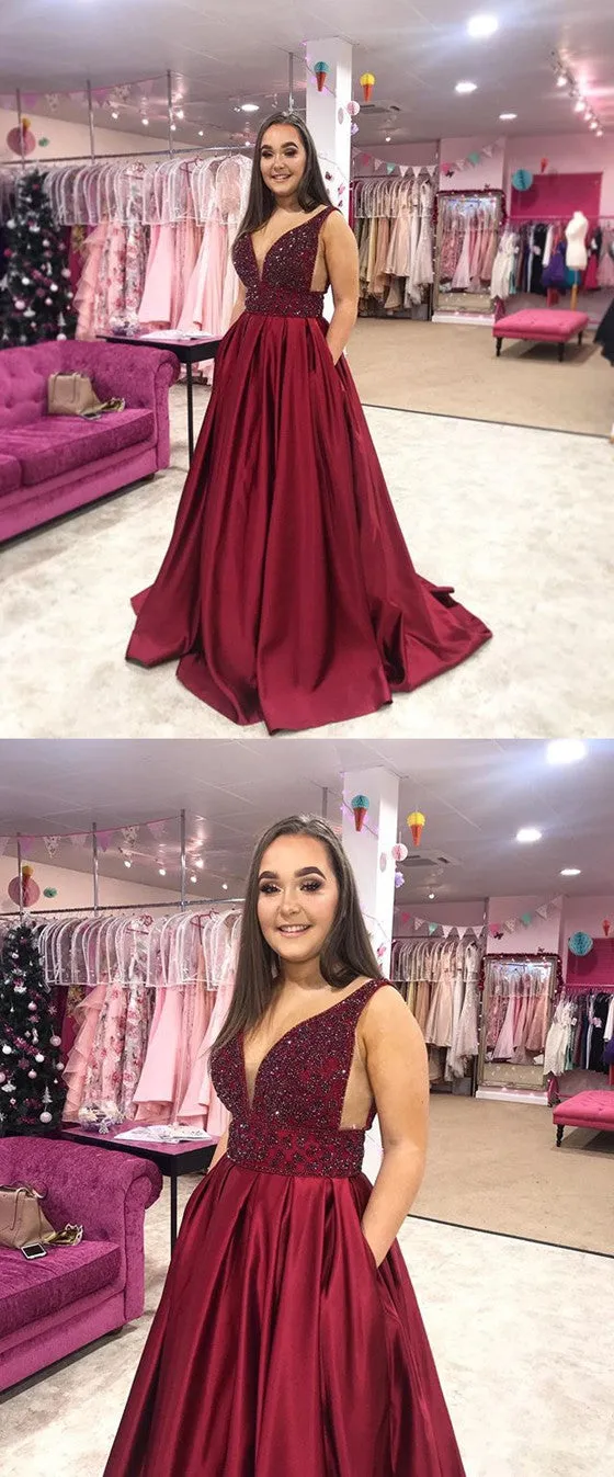 A-line V-neck Sleeveless Beading Burgundy Long Prom Dress, PD0642