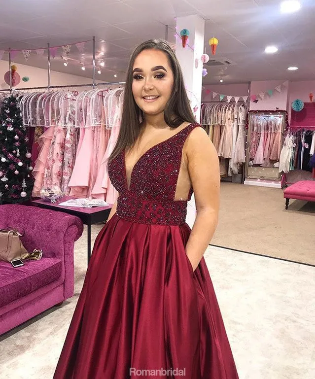 A-line V-neck Sleeveless Beading Burgundy Long Prom Dress, PD0642