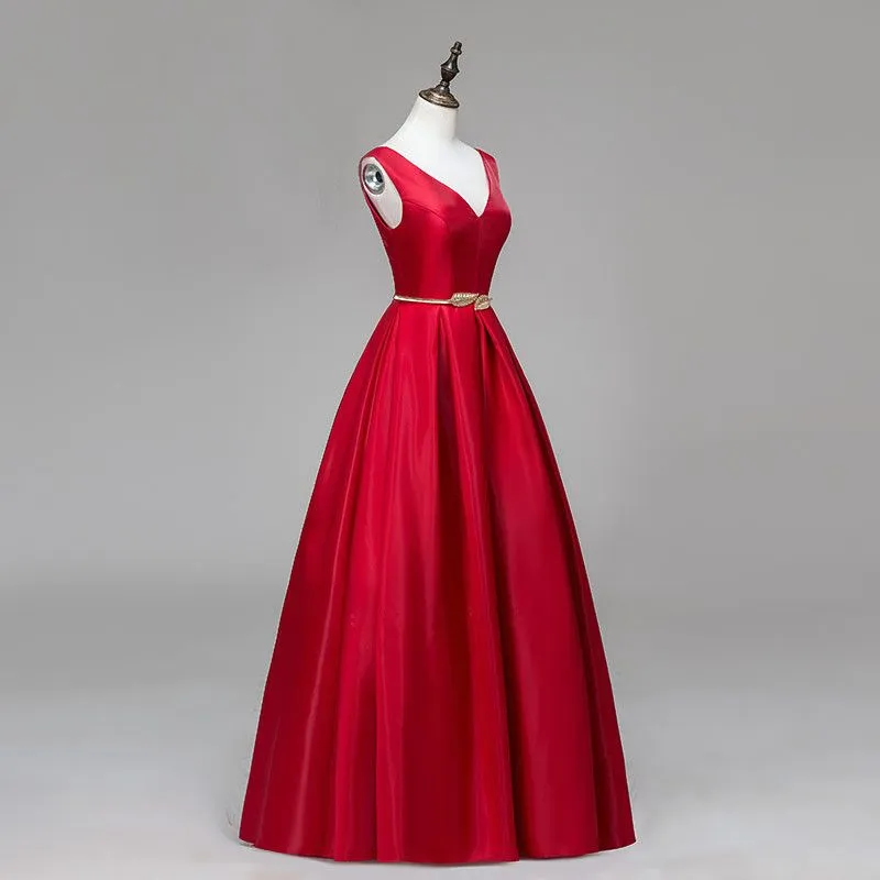 A-line V-neckline Satin Simple Party Dress with Belt, Long Evening Dresses Formal Dresses