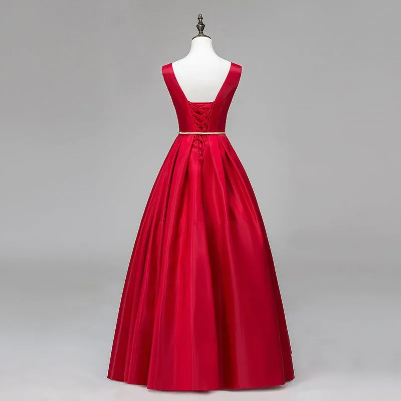 A-line V-neckline Satin Simple Party Dress with Belt, Long Evening Dresses Formal Dresses