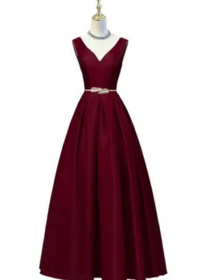 A-line V-neckline Satin Simple Party Dress with Belt, Long Evening Dresses Formal Dresses