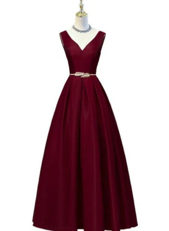 A-line V-neckline Satin Simple Party Dress with Belt, Long Evening Dresses Formal Dresses