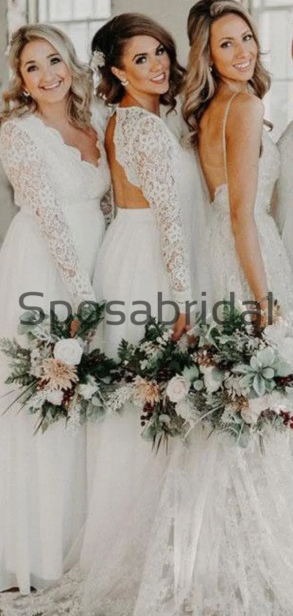 A-line White Long Sleeves Lace Long Bridesmaid Dresses WG872
