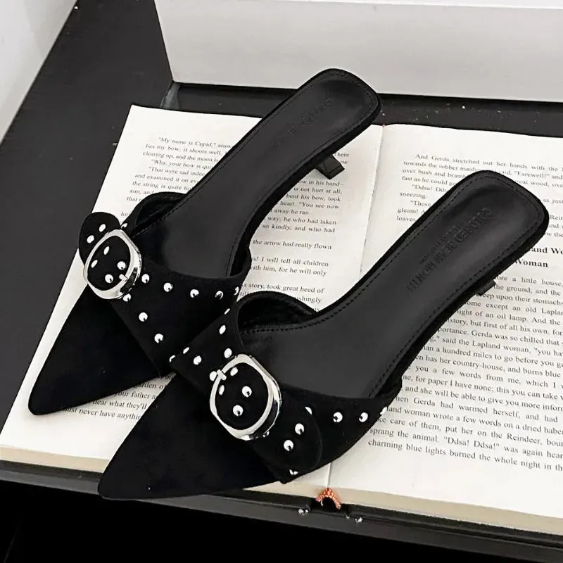 ADVBRIDGE  -  Metal Rivet Belt Buckle Open Toe Designer Shoes Fashion Satin Pointed Toe Women Sandals Simple Comfort Thin Heel Slide Sandals