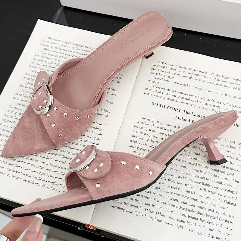 ADVBRIDGE  -  Metal Rivet Belt Buckle Open Toe Designer Shoes Fashion Satin Pointed Toe Women Sandals Simple Comfort Thin Heel Slide Sandals