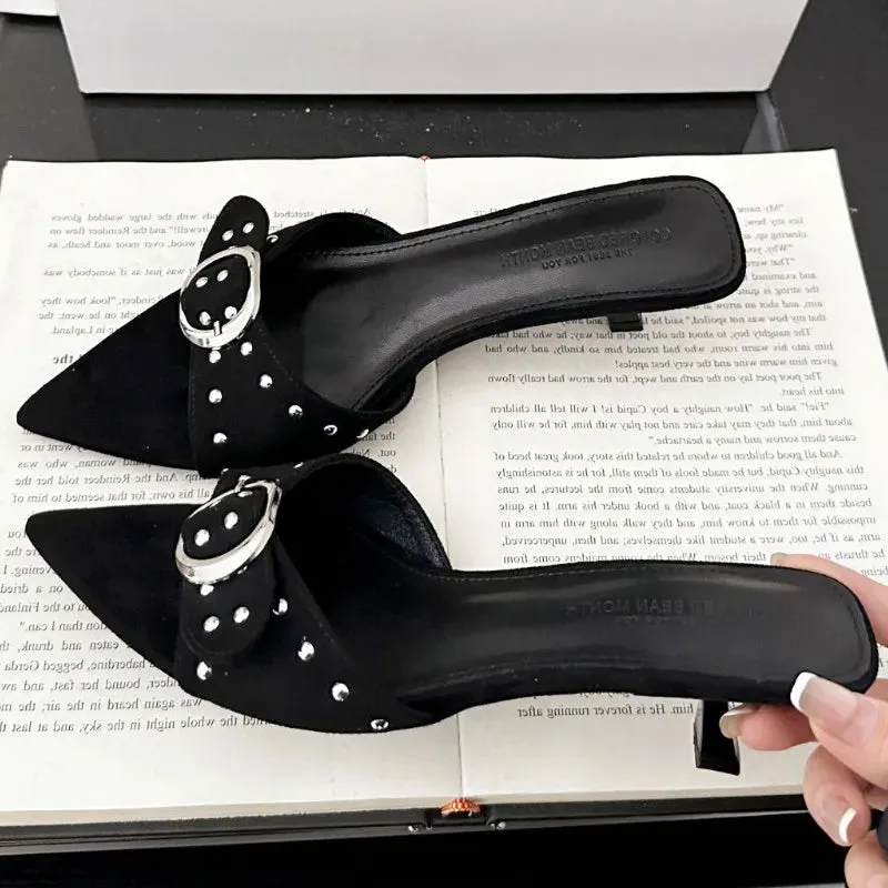 ADVBRIDGE  -  Metal Rivet Belt Buckle Open Toe Designer Shoes Fashion Satin Pointed Toe Women Sandals Simple Comfort Thin Heel Slide Sandals