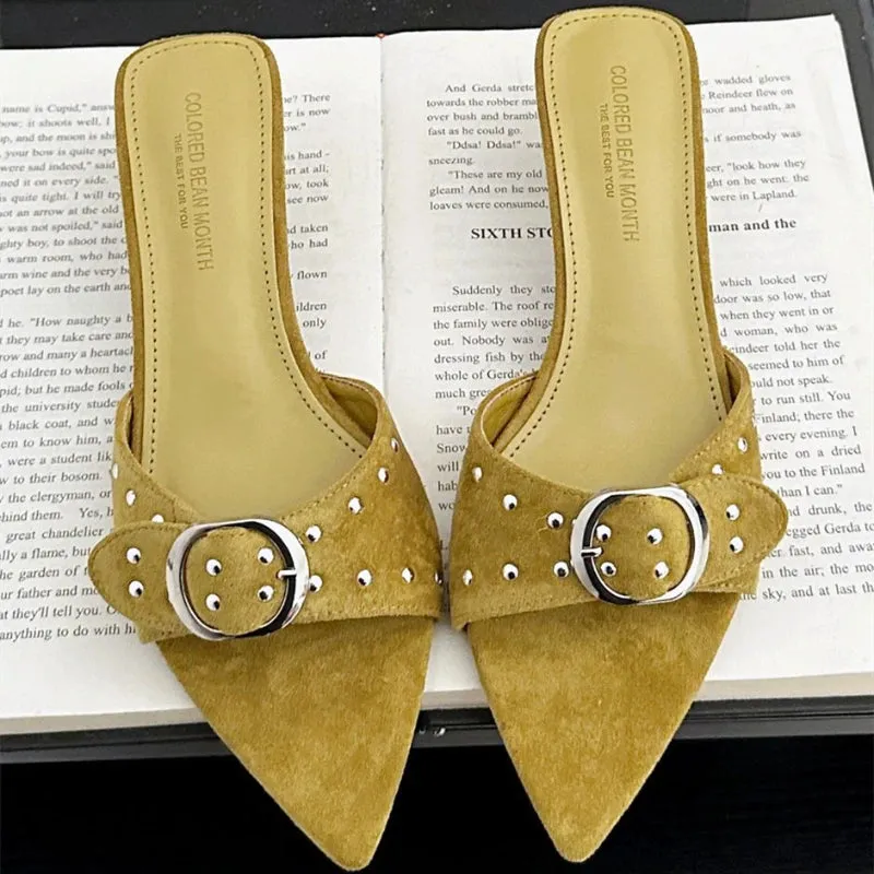ADVBRIDGE  -  Metal Rivet Belt Buckle Open Toe Designer Shoes Fashion Satin Pointed Toe Women Sandals Simple Comfort Thin Heel Slide Sandals