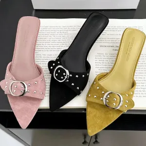 ADVBRIDGE  -  Metal Rivet Belt Buckle Open Toe Designer Shoes Fashion Satin Pointed Toe Women Sandals Simple Comfort Thin Heel Slide Sandals