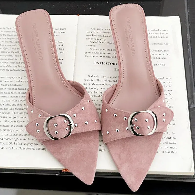 ADVBRIDGE  -  Metal Rivet Belt Buckle Open Toe Designer Shoes Fashion Satin Pointed Toe Women Sandals Simple Comfort Thin Heel Slide Sandals