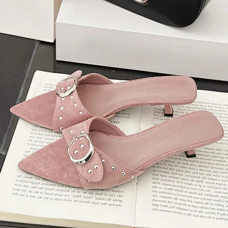ADVBRIDGE  -  Metal Rivet Belt Buckle Open Toe Designer Shoes Fashion Satin Pointed Toe Women Sandals Simple Comfort Thin Heel Slide Sandals