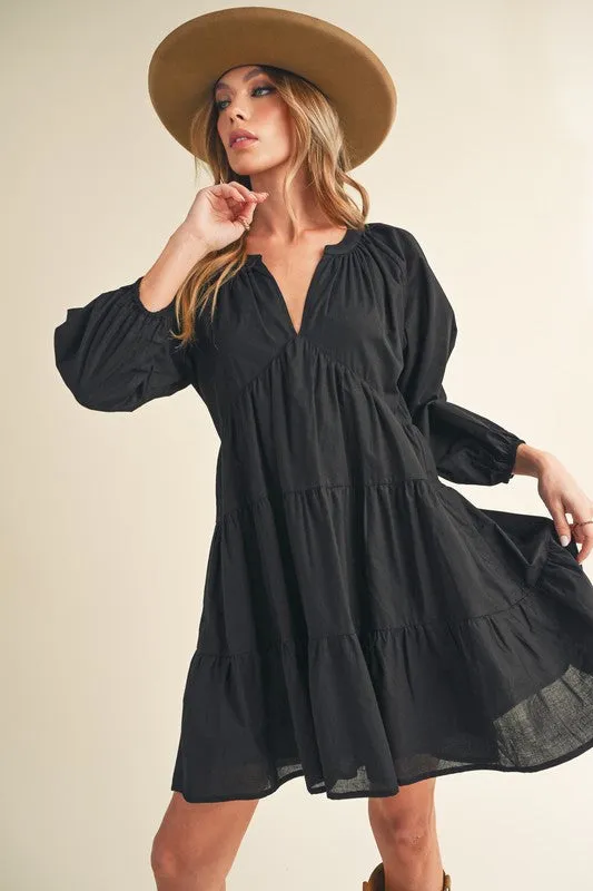 Aemi   Co Notched Balloon Sleeve Tiered Mini Dress