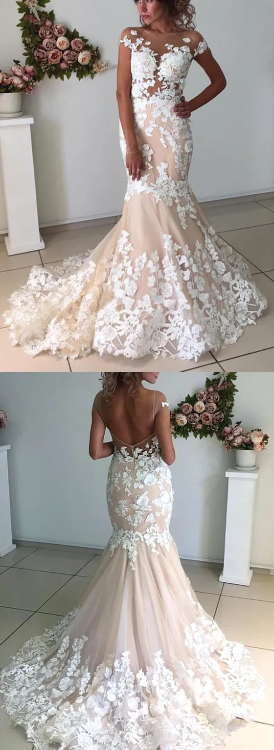 Affordable Cap Sleeves Mermaid Applique Bridal Long Wedding Dresses, BGP271