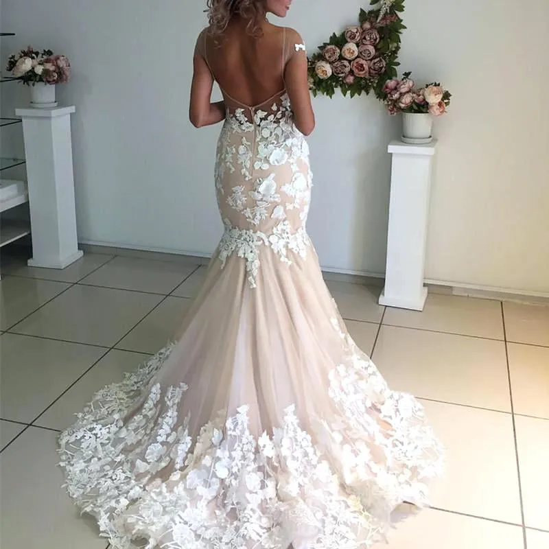Affordable Cap Sleeves Mermaid Applique Bridal Long Wedding Dresses, BGP271