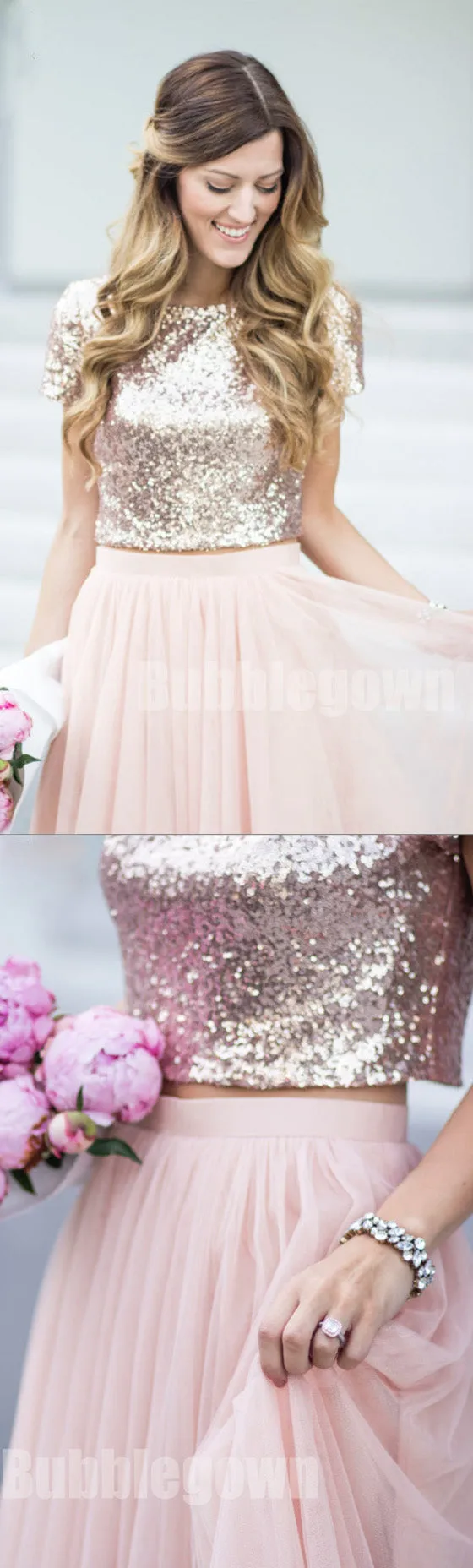 Affordable Short Sleeves Two Pieces Sequin Top Pink Tulle Long Bridesmaid Dresses, BD003