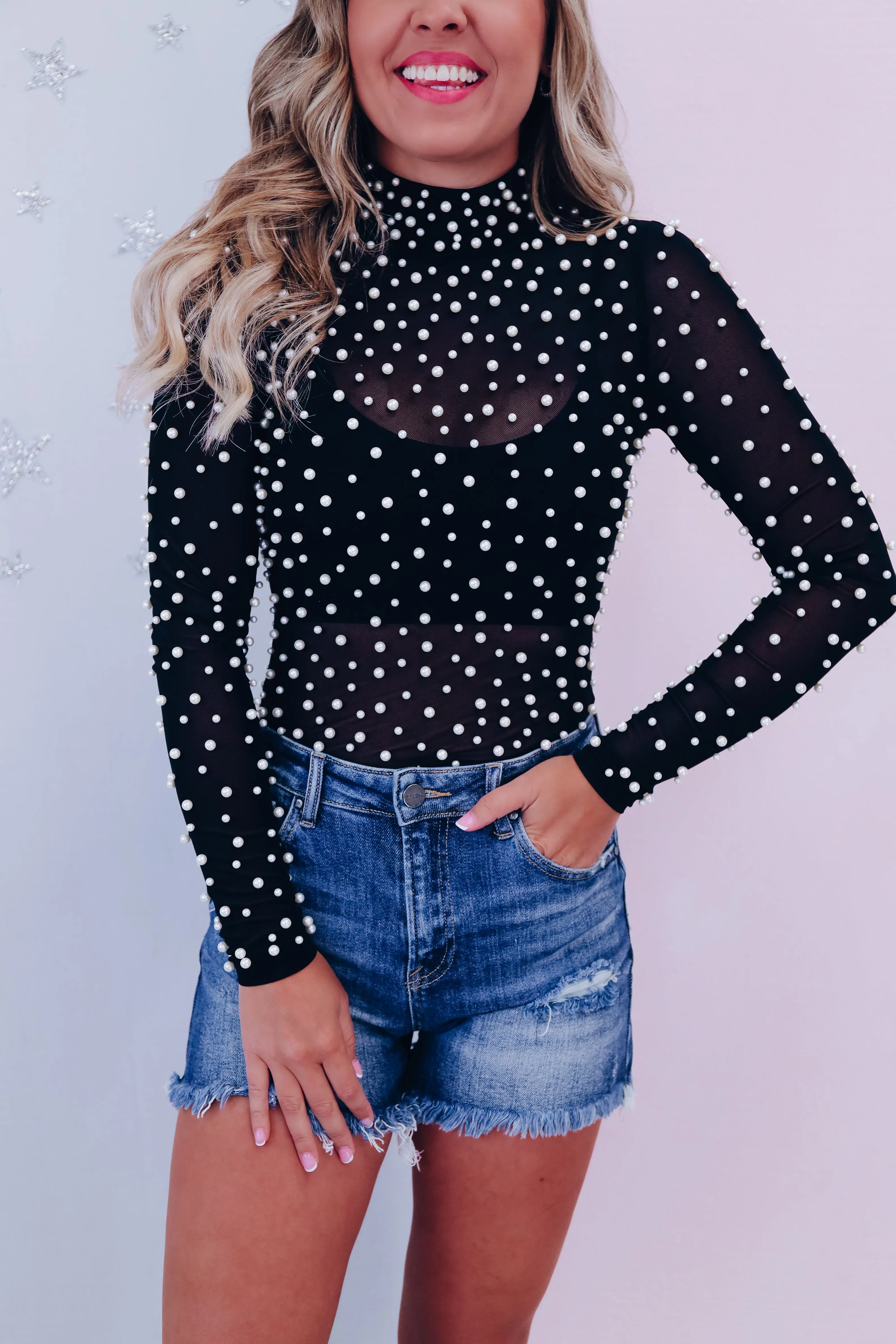 Akoya Pearl Mock Neck Bodysuit - Black