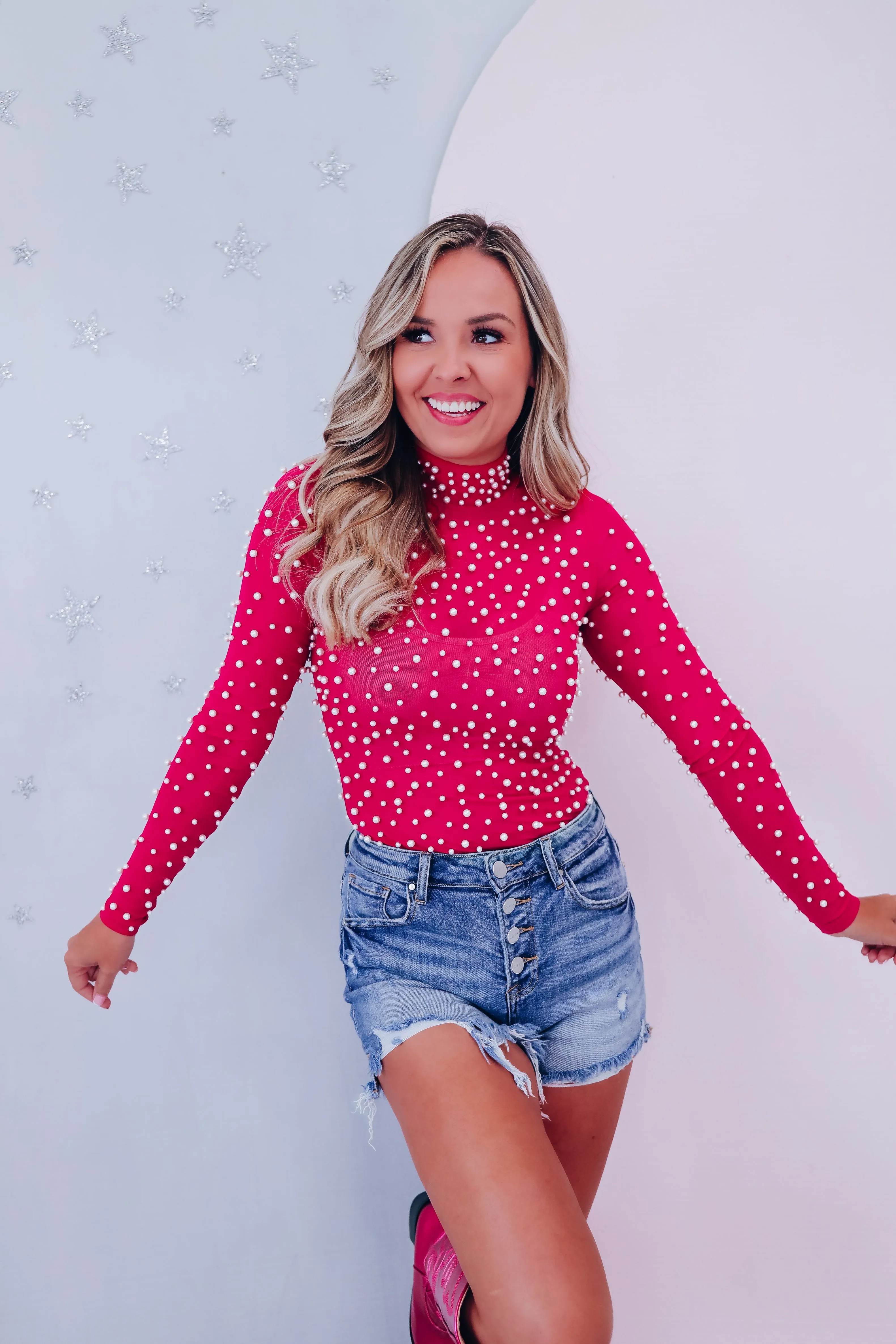 Akoya Pearl Mock Neck Bodysuit - Pink