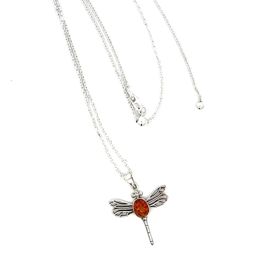 Amber Dragonfly Pendant Necklace with Amber Adjustable Sterling Chain