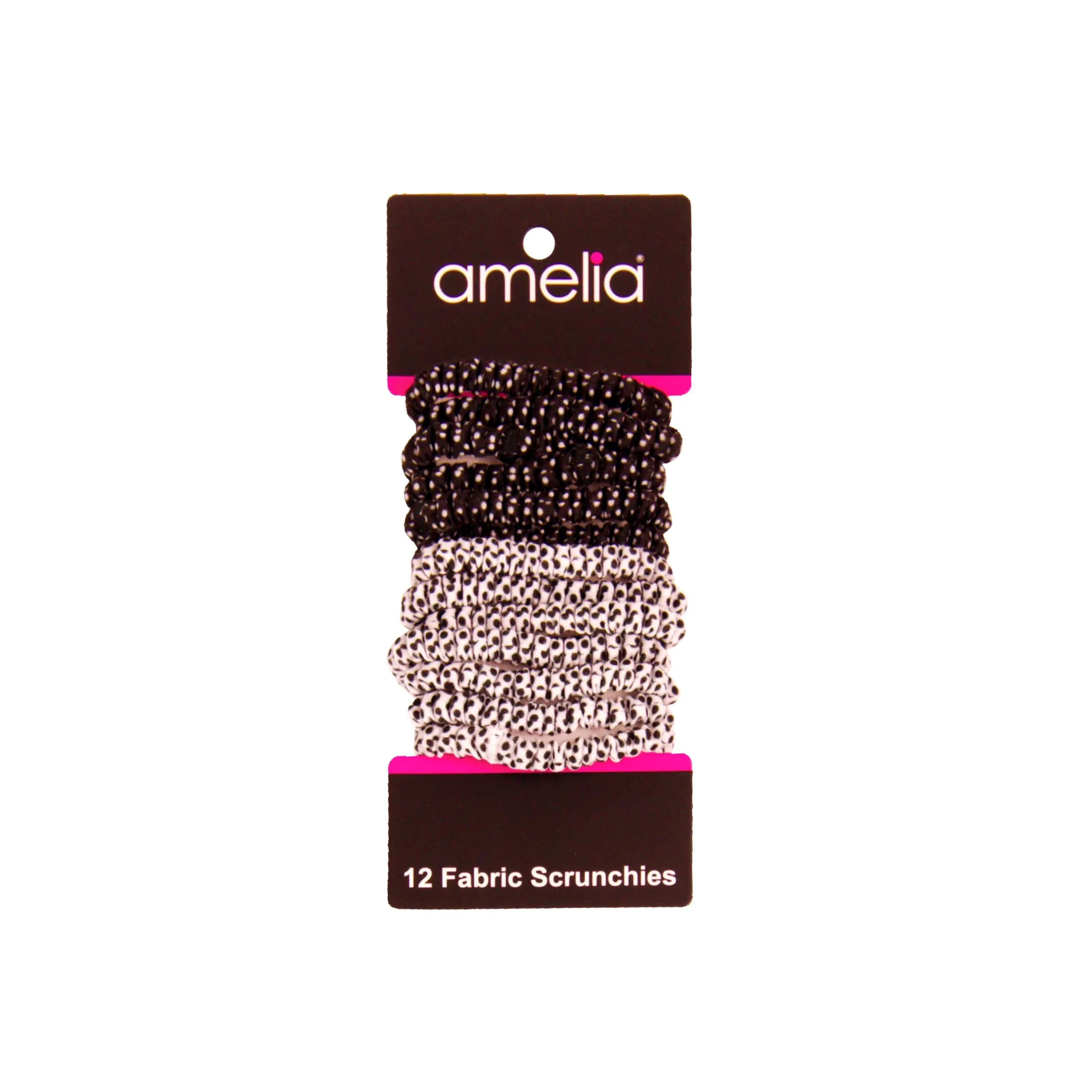 Amelia Beauty, Black and White Dot Mix Skinny Jersey Scrunchies, 2.125in Diameter, Gentle on Hair, Strong Hold, No Snag, No Dents or Creases. 12 Pack