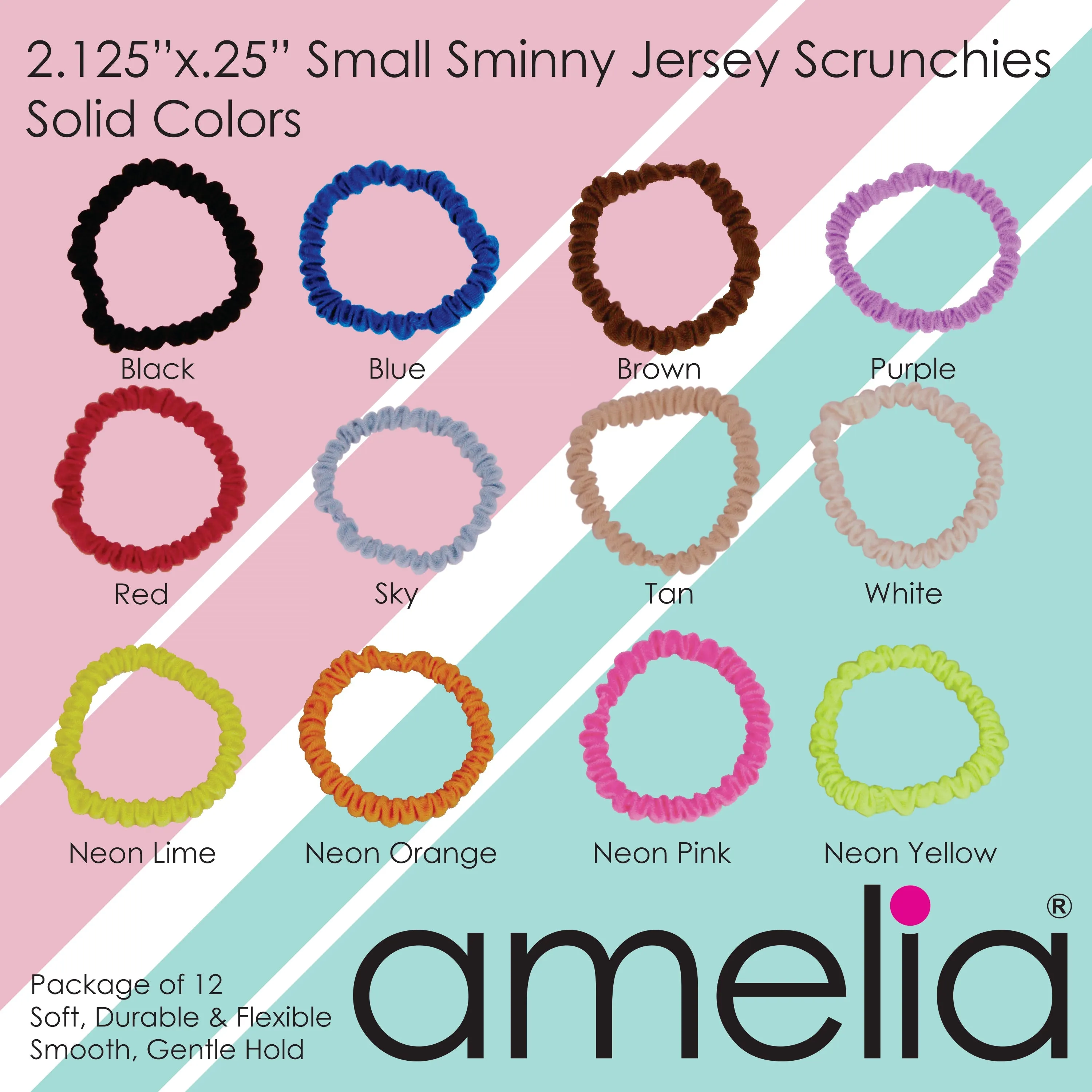 Amelia Beauty, Black and White Dot Mix Skinny Jersey Scrunchies, 2.125in Diameter, Gentle on Hair, Strong Hold, No Snag, No Dents or Creases. 12 Pack