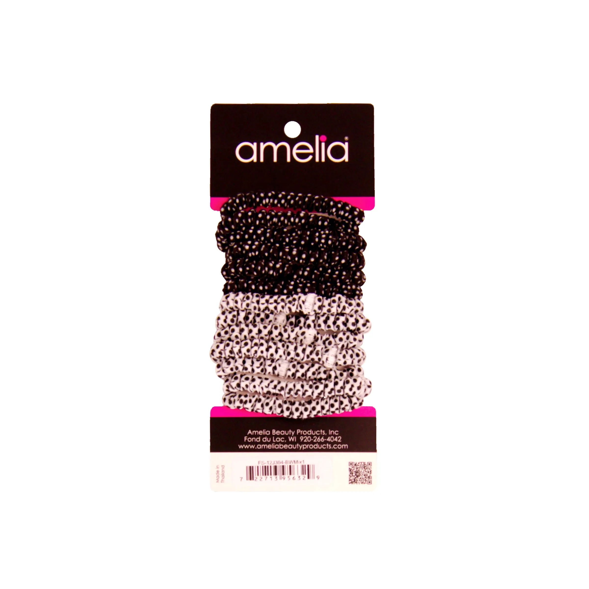 Amelia Beauty, Black and White Dot Mix Skinny Jersey Scrunchies, 2.125in Diameter, Gentle on Hair, Strong Hold, No Snag, No Dents or Creases. 12 Pack
