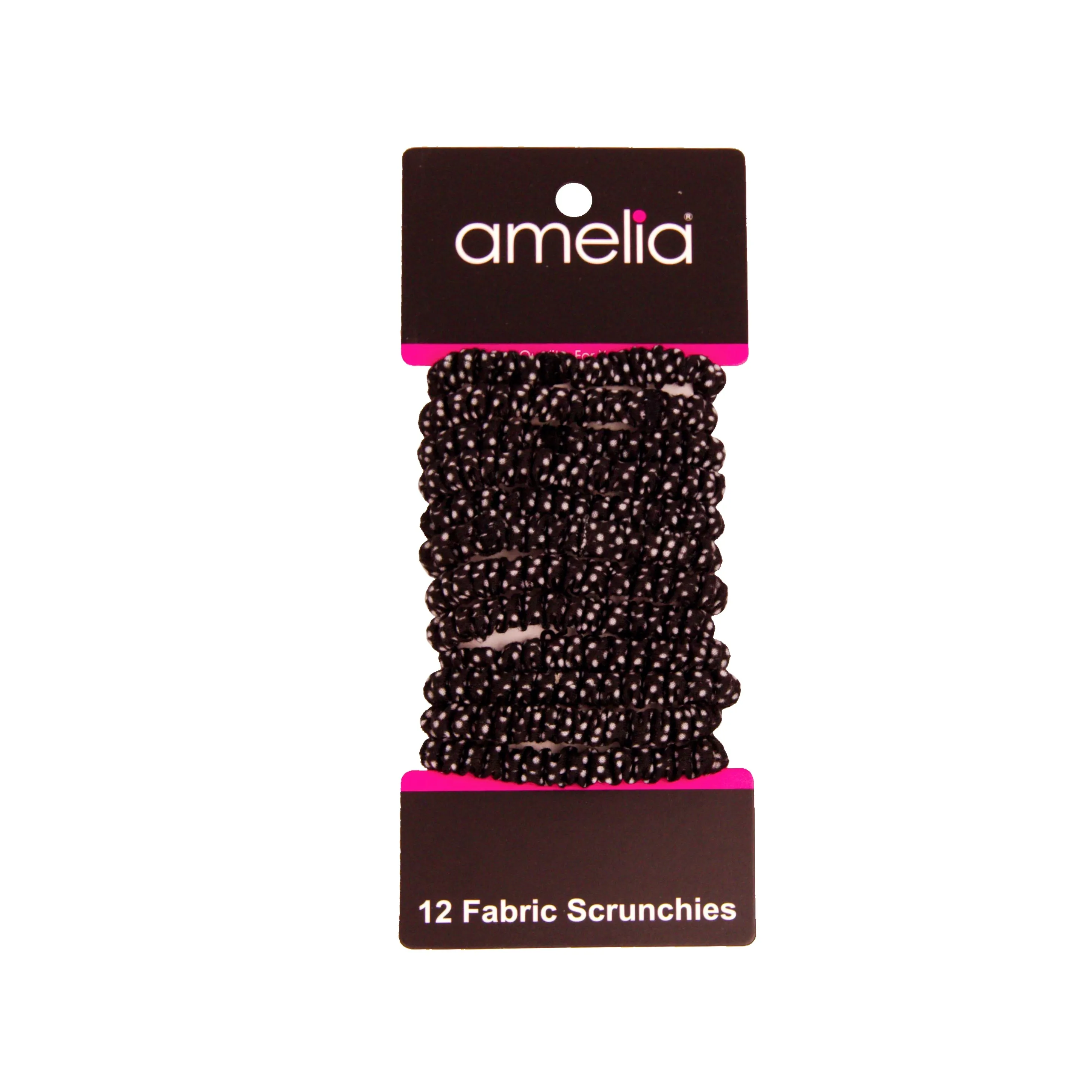 Amelia Beauty, Black with White Dots Skinny Jersey Scrunchies, 2.125in Diameter, Gentle on Hair, Strong Hold, No Snag, No Dents or Creases. 12 Pack