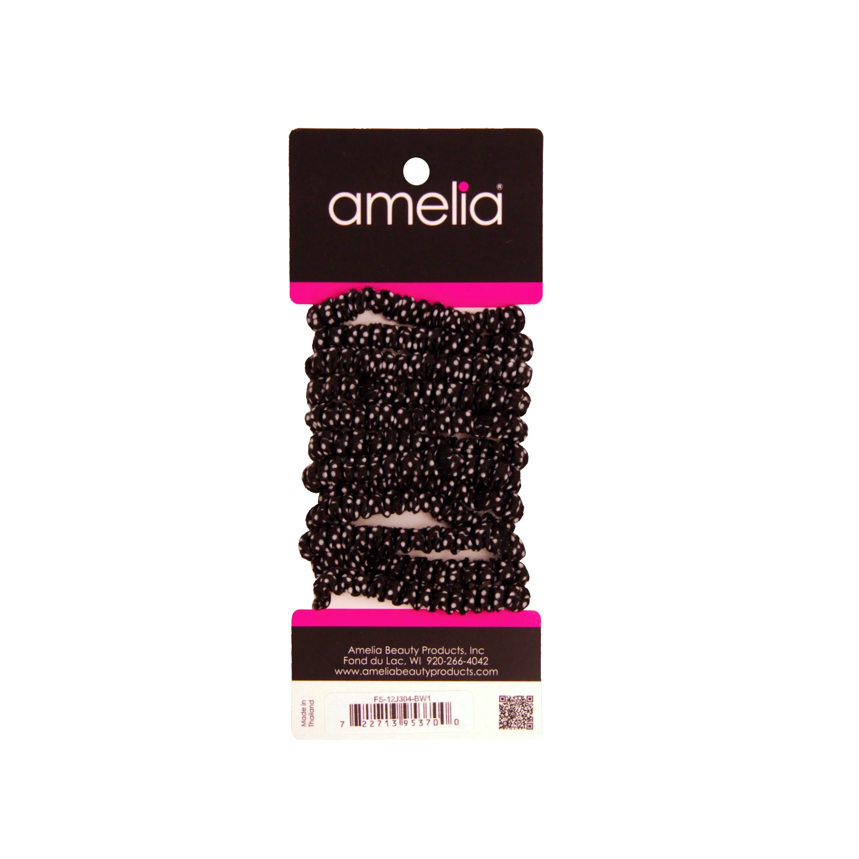 Amelia Beauty, Black with White Dots Skinny Jersey Scrunchies, 2.125in Diameter, Gentle on Hair, Strong Hold, No Snag, No Dents or Creases. 12 Pack