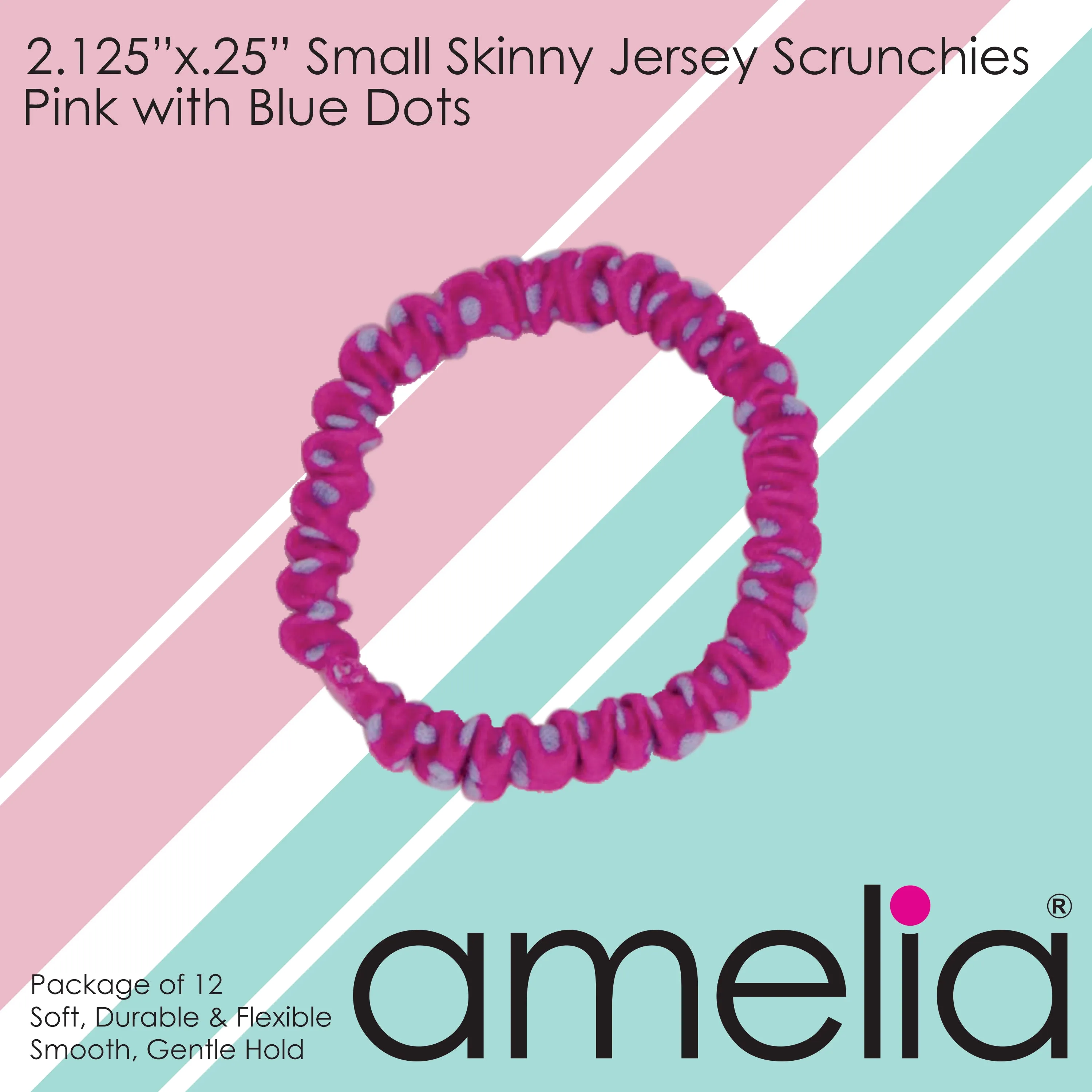 Amelia Beauty, Blue with Pink Dots Skinny Jersey Scrunchies, 2.125in Diameter, Gentle on Hair, Strong Hold, No Snag, No Dents or Creases. 12 Pack
