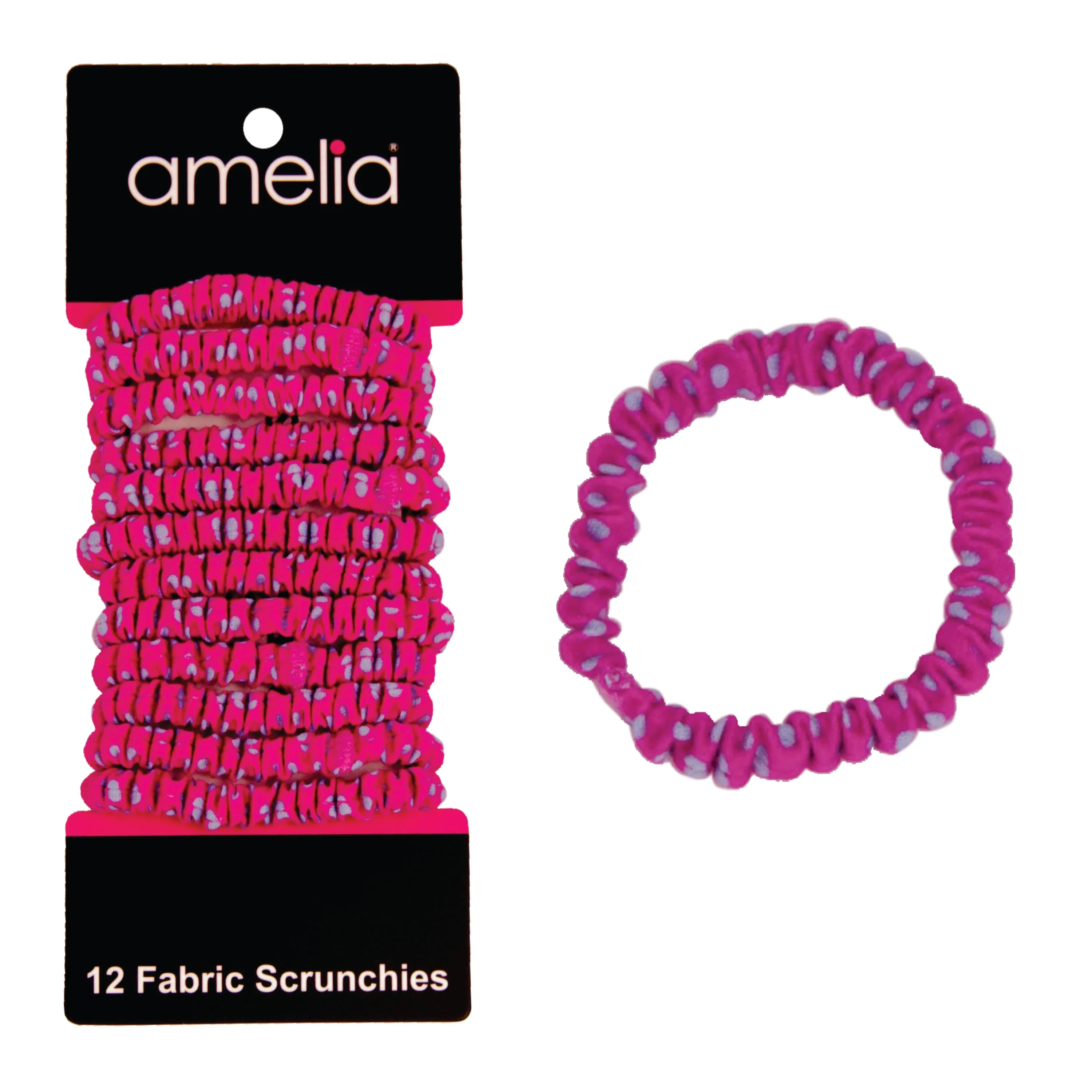 Amelia Beauty, Blue with Pink Dots Skinny Jersey Scrunchies, 2.125in Diameter, Gentle on Hair, Strong Hold, No Snag, No Dents or Creases. 12 Pack