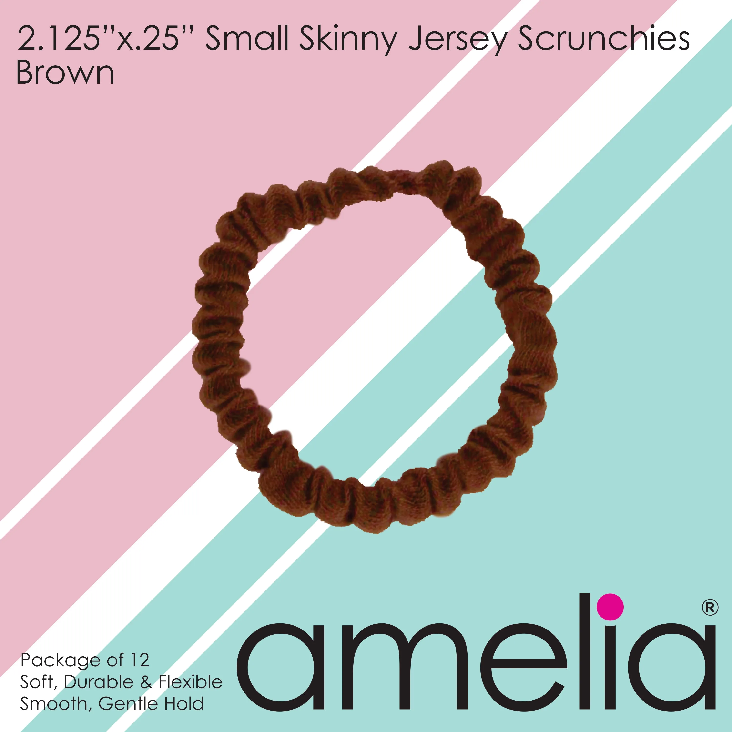Amelia Beauty, Brown Skinny Jersey Scrunchies, 2.125in Diameter, Gentle on Hair, Strong Hold, No Snag, No Dents or Creases. 12 Pack