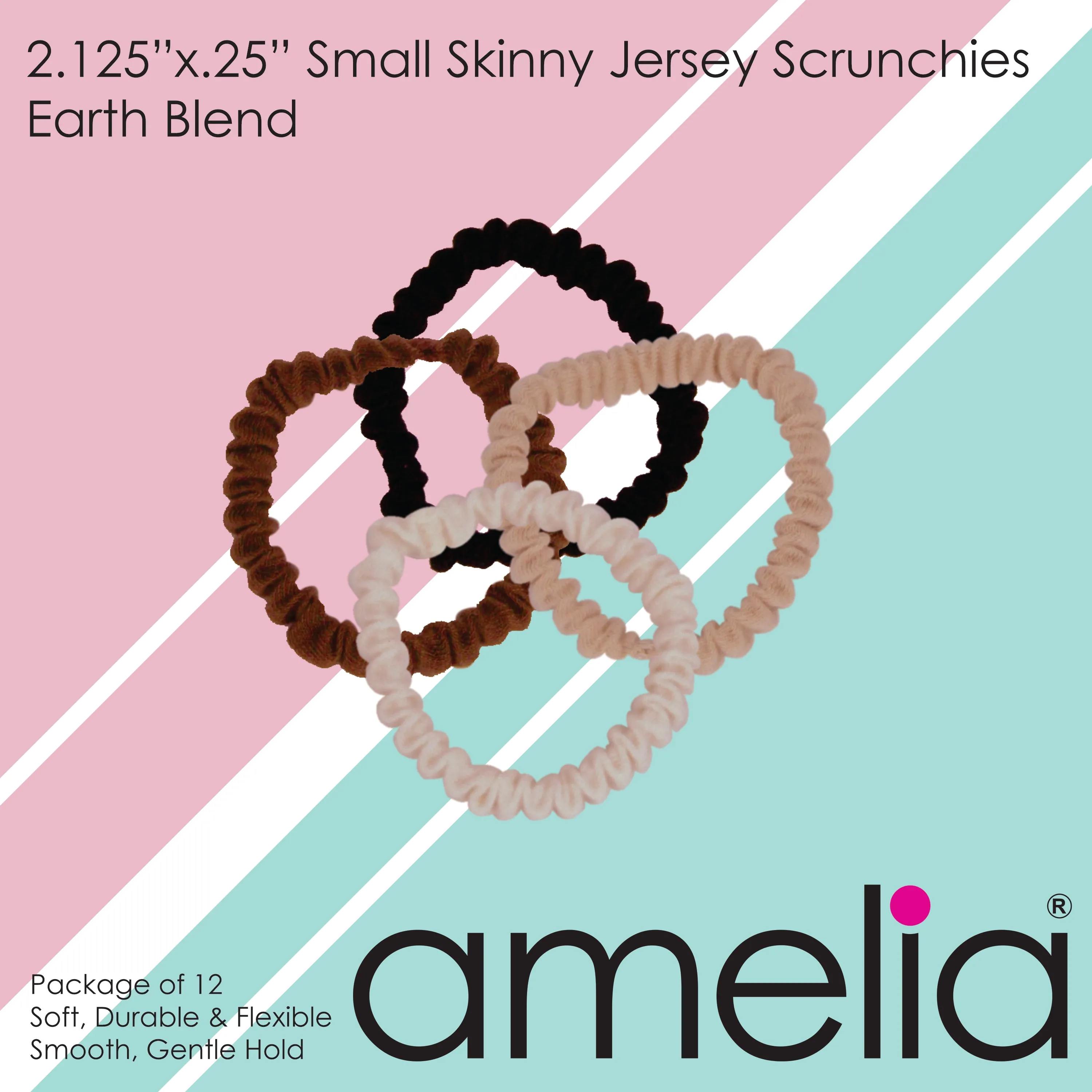 Amelia Beauty, Earth Tones Skinny Jersey Scrunchies, 2.125in Diameter, Gentle on Hair, Strong Hold, No Snag, No Dents or Creases. 12 Pack