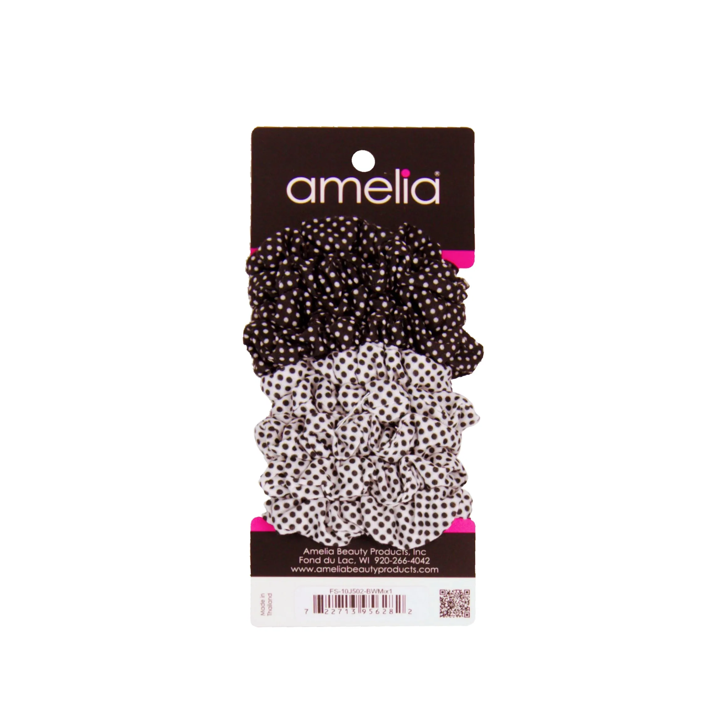 Amelia Beauty, Medium Black White Dot Mix Jersey Scrunchies, 2.5in Diameter, Gentle on Hair, Strong Hold, No Snag, No Dents or Creases. 10 Pack