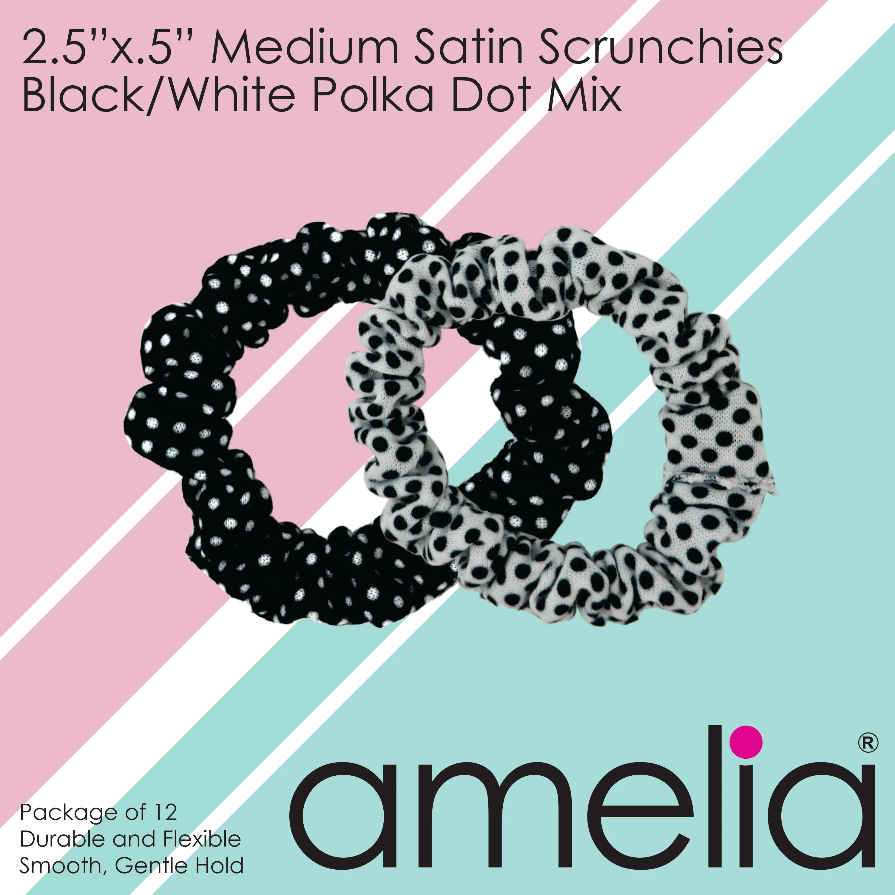 Amelia Beauty, Medium Black White Dot Mix Jersey Scrunchies, 2.5in Diameter, Gentle on Hair, Strong Hold, No Snag, No Dents or Creases. 10 Pack