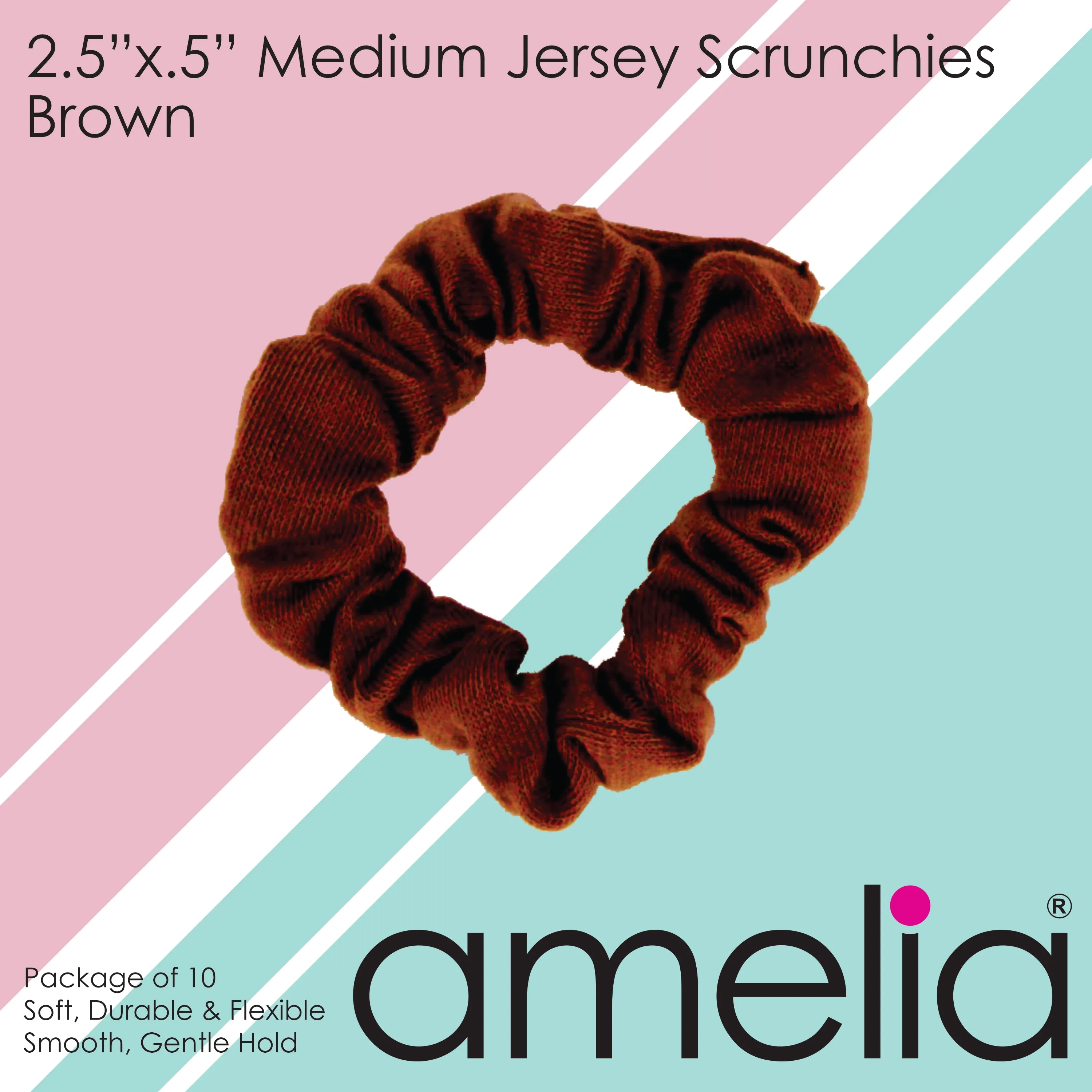 Amelia Beauty, Medium Brown Jersey Scrunchies, 2.5in Diameter, Gentle on Hair, Strong Hold, No Snag, No Dents or Creases. 10 Pack