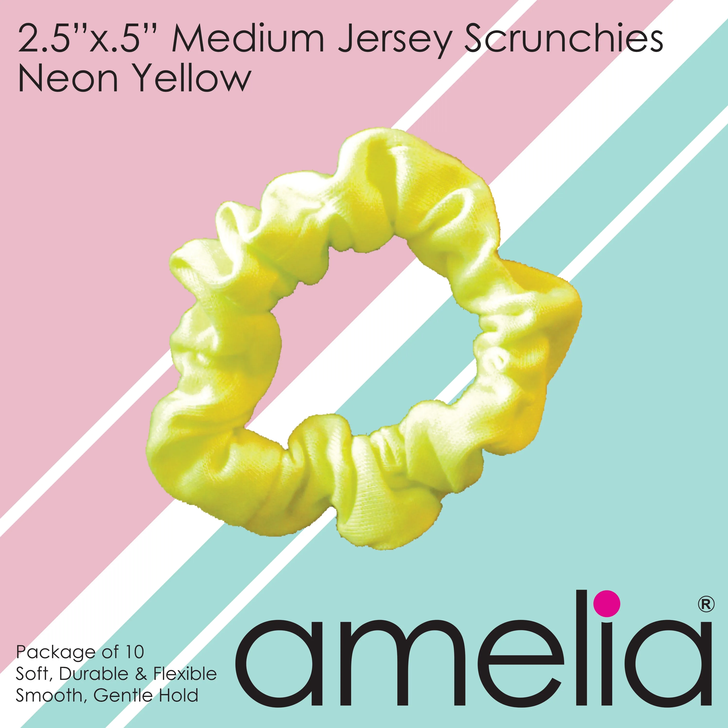 Amelia Beauty, Medium Neon Lime Jersey Scrunchies, 2.5in Diameter, Gentle on Hair, Strong Hold, No Snag, No Dents or Creases. 10 Pack