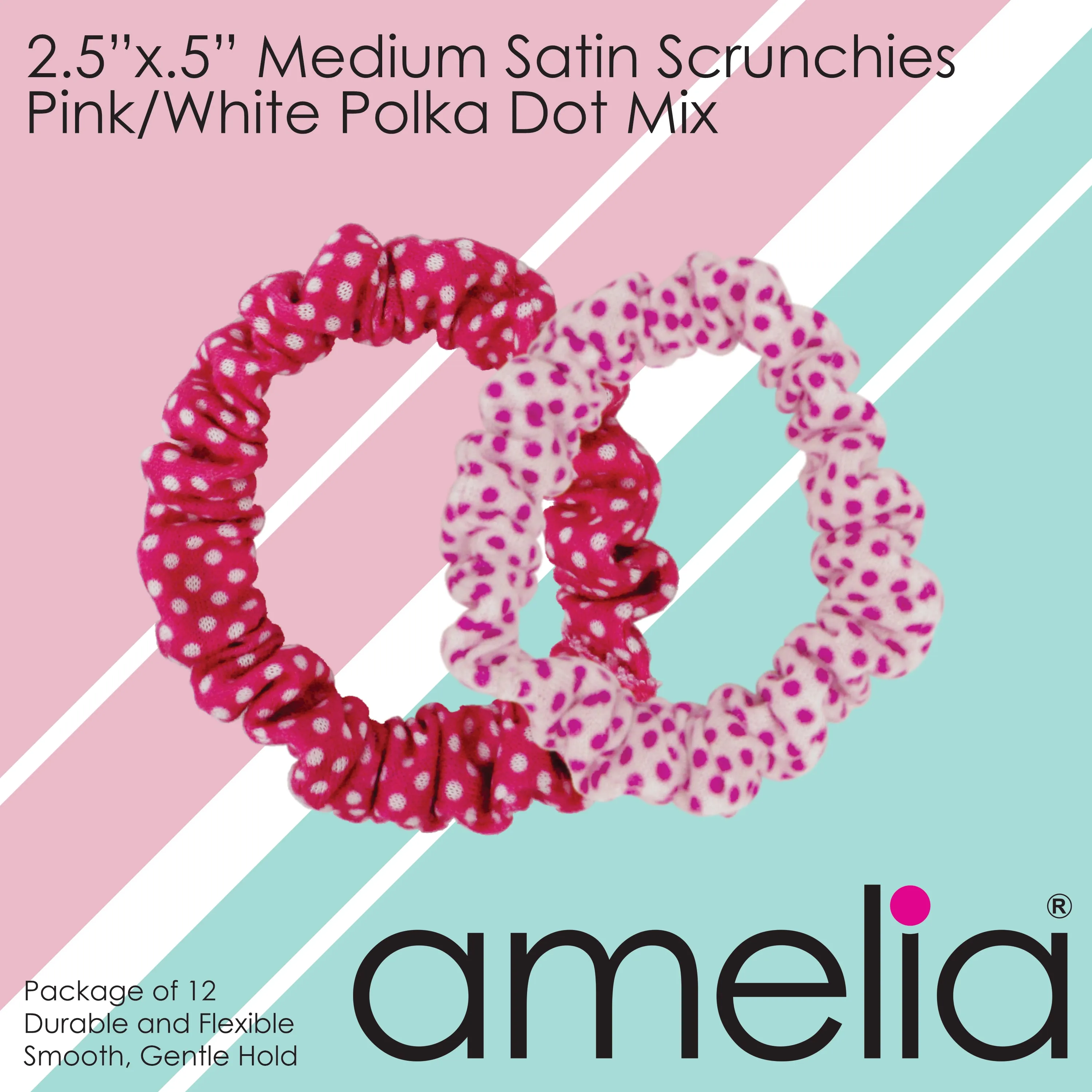 Amelia Beauty, Medium Pink and White Dot Mix Jersey Scrunchies, 2.5in Diameter, Gentle on Hair, Strong Hold, No Snag, No Dents or Creases. 10 Pack