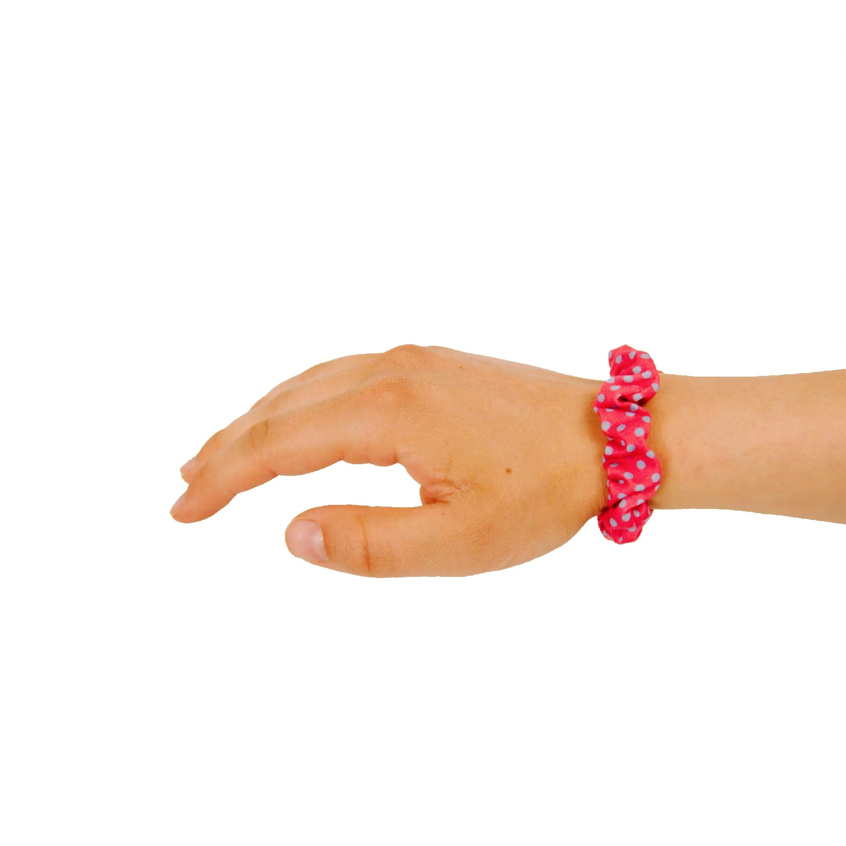 Amelia Beauty, Medium Pink with Blue Polka Dot Jersey Scrunchies, 2.5in Diameter, Gentle on Hair, Strong Hold, No Snag, No Dents or Creases. 10 Pack