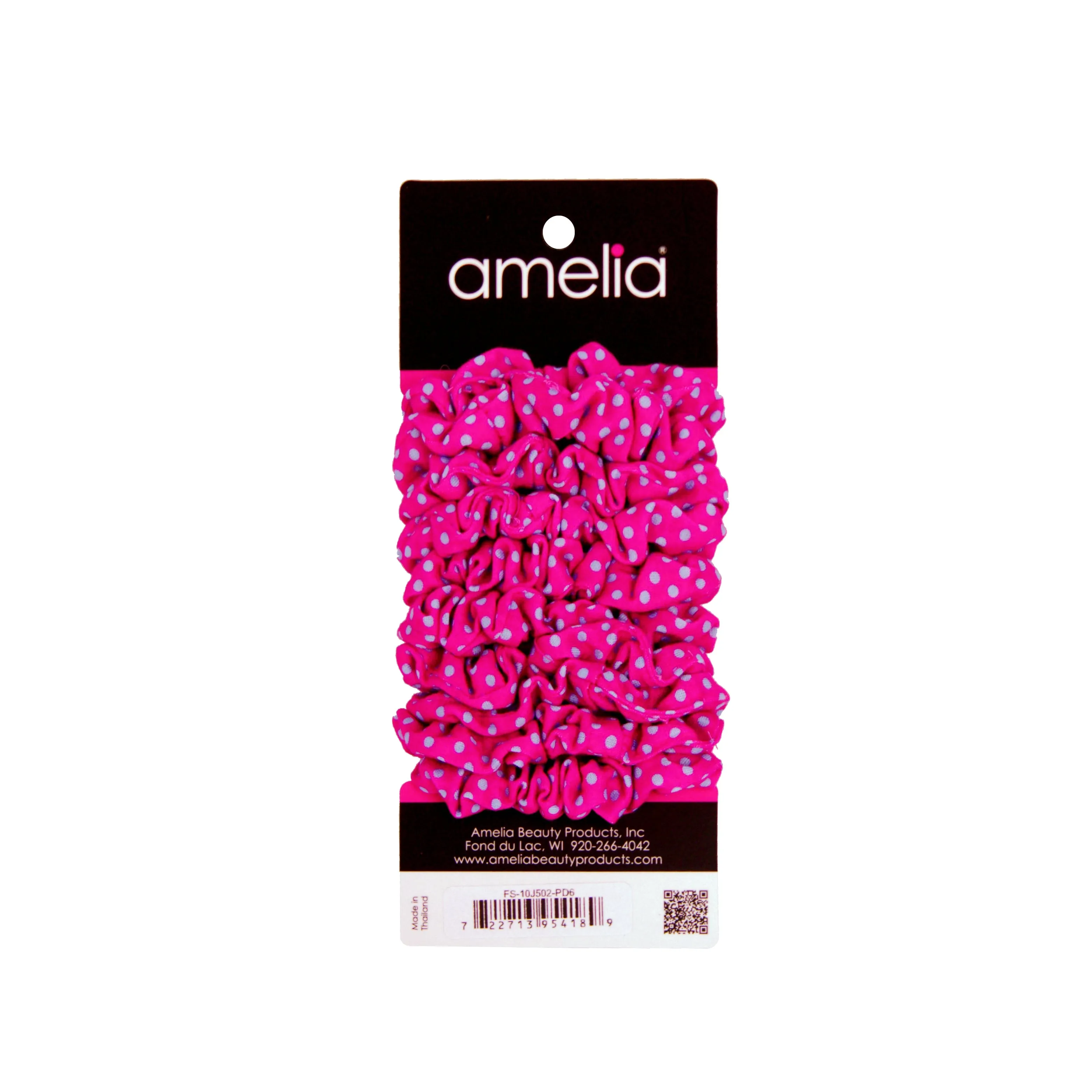 Amelia Beauty, Medium Pink with Blue Polka Dot Jersey Scrunchies, 2.5in Diameter, Gentle on Hair, Strong Hold, No Snag, No Dents or Creases. 10 Pack