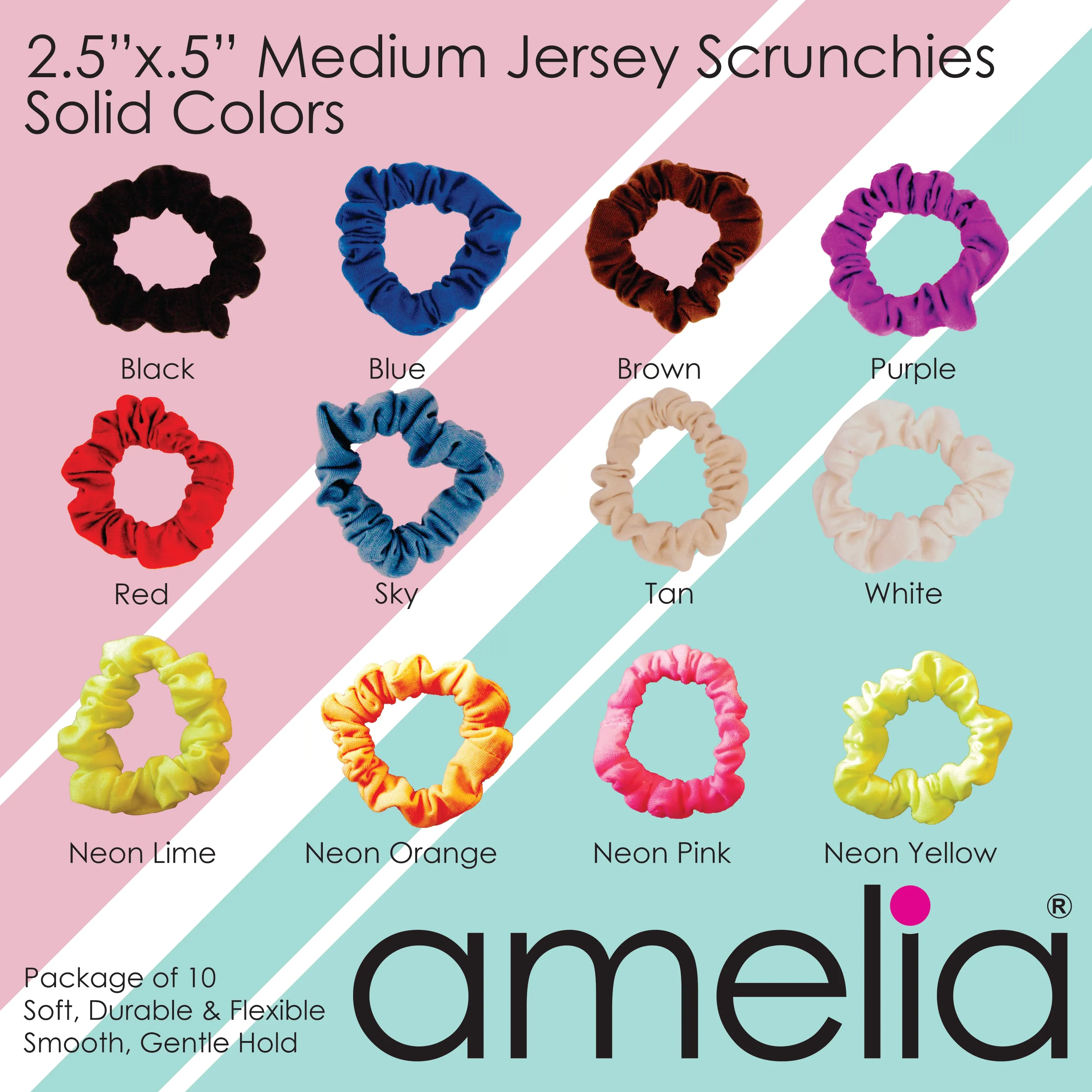 Amelia Beauty, Medium Rainbow and Pastel Dot Mix Jersey Scrunchies, 2.5in Diameter, Gentle on Hair, Strong Hold, No Snag, No Dents or Creases. 10 Pack