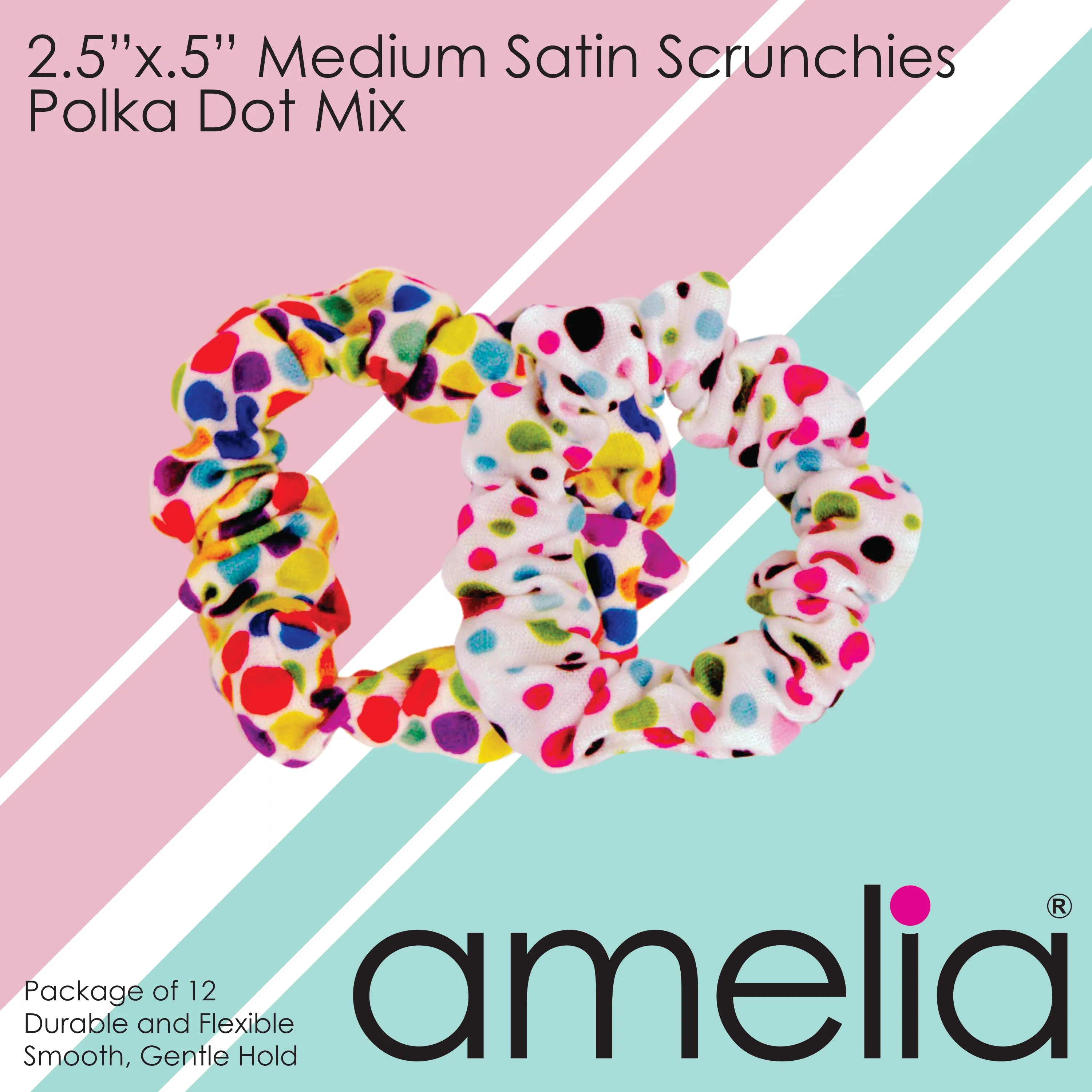 Amelia Beauty, Medium Rainbow and Pastel Dot Mix Jersey Scrunchies, 2.5in Diameter, Gentle on Hair, Strong Hold, No Snag, No Dents or Creases. 10 Pack