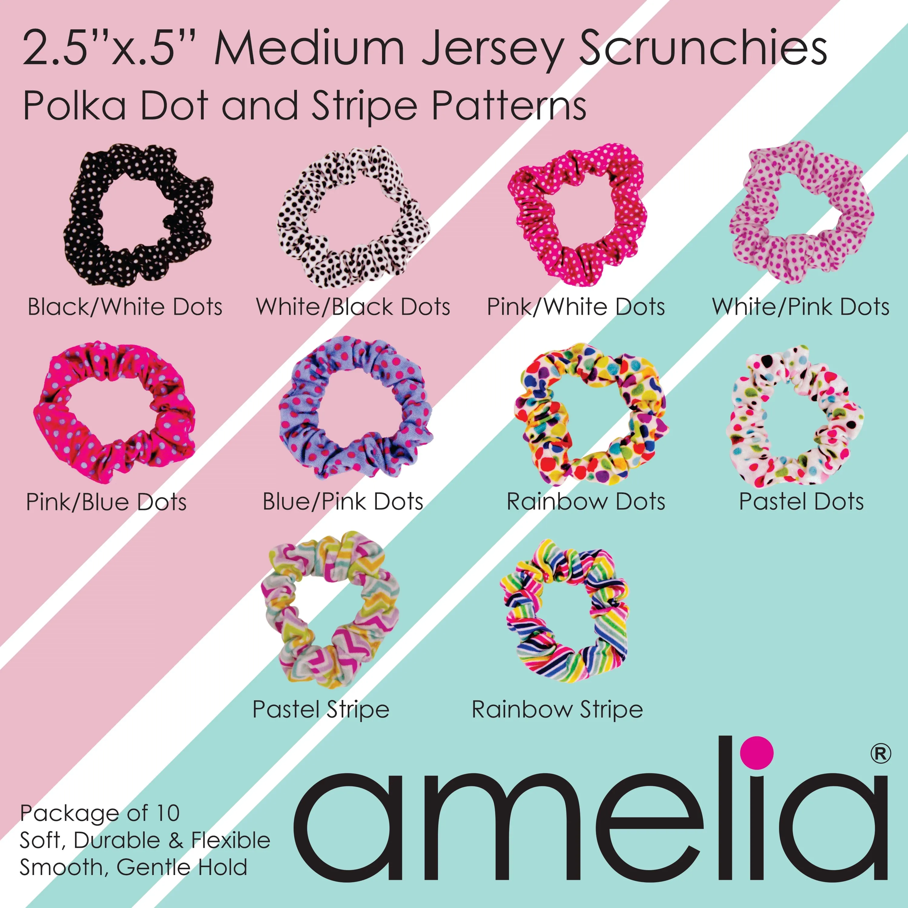 Amelia Beauty, Medium Rainbow and Pastel Dot Mix Jersey Scrunchies, 2.5in Diameter, Gentle on Hair, Strong Hold, No Snag, No Dents or Creases. 10 Pack