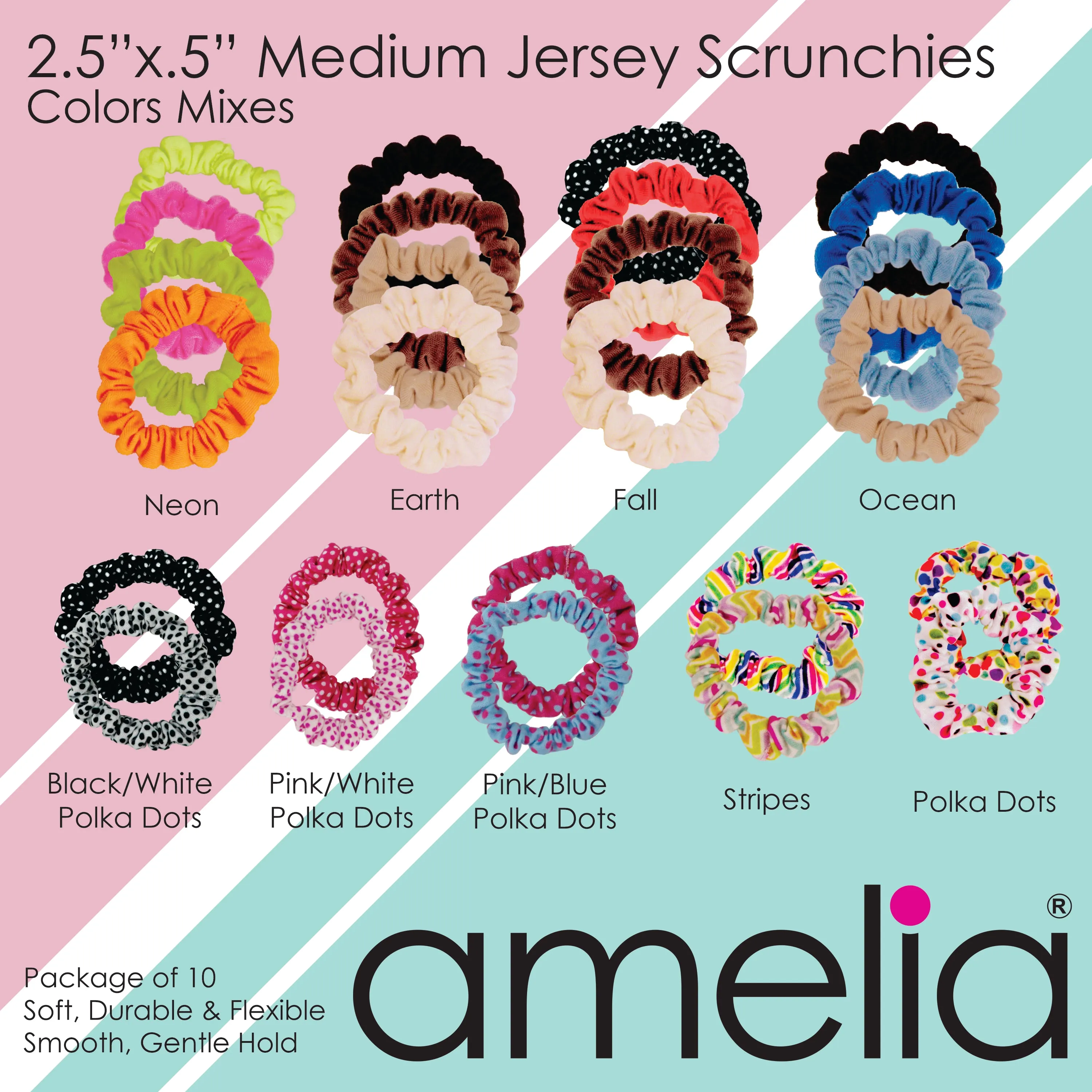 Amelia Beauty, Medium Rainbow and Pastel Stripe Mix Jersey Scrunchies, 2.5in Diameter, Gentle on Hair, Strong Hold, No Snag, No Dents or Creases. 10 Pack