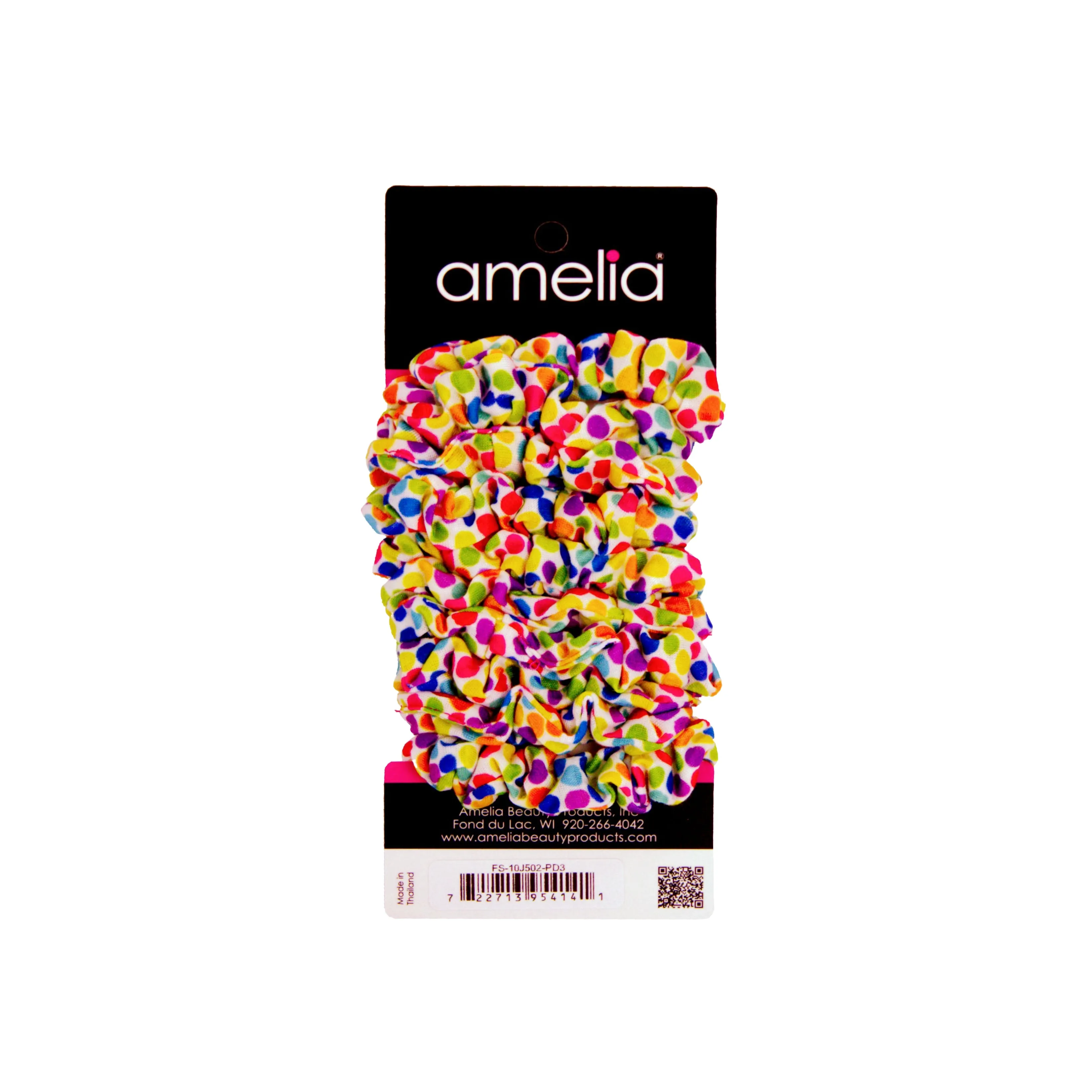 Amelia Beauty, Medium Rainbow Dot Jersey Scrunchies, 2.5in Diameter, Gentle on Hair, Strong Hold, No Snag, No Dents or Creases. 10 Pack