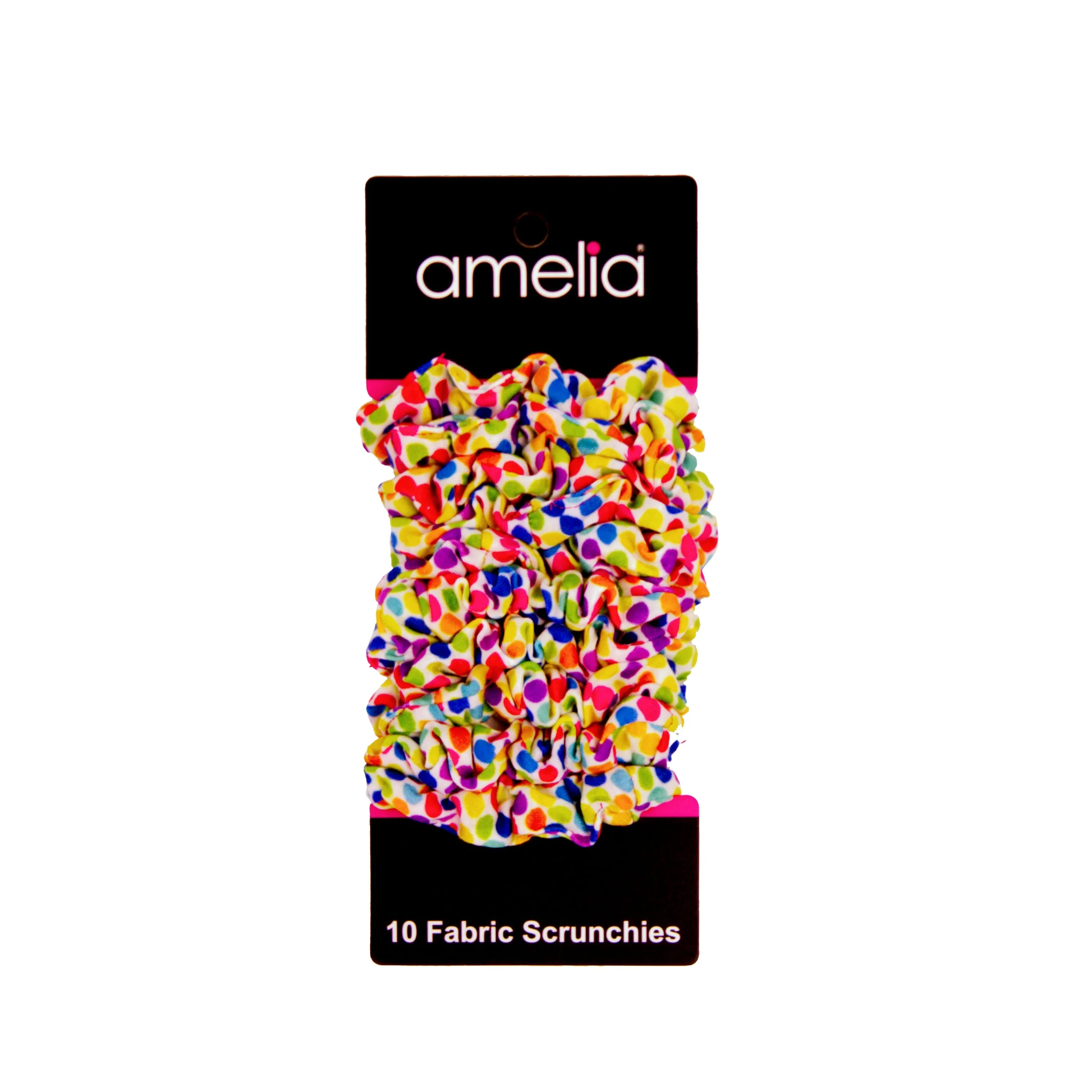 Amelia Beauty, Medium Rainbow Dot Jersey Scrunchies, 2.5in Diameter, Gentle on Hair, Strong Hold, No Snag, No Dents or Creases. 10 Pack