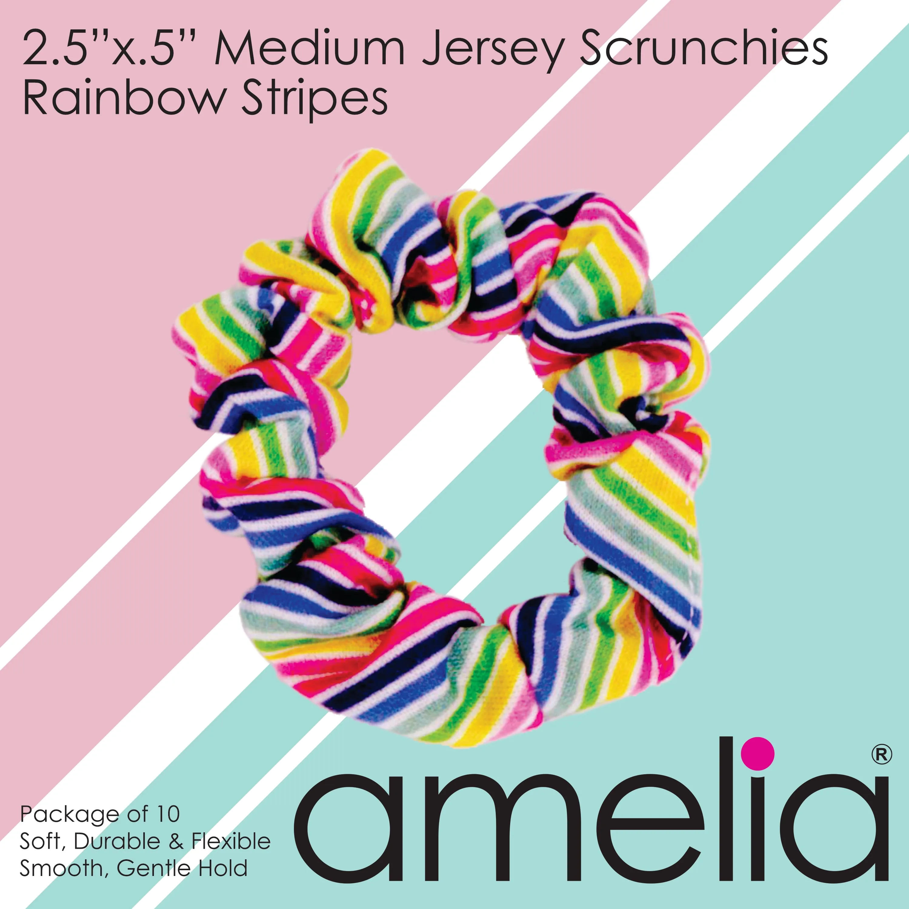 Amelia Beauty, Medium Rainbow Stripe Jersey Scrunchies, 2.5in Diameter, Gentle on Hair, Strong Hold, No Snag, No Dents or Creases. 10 Pack