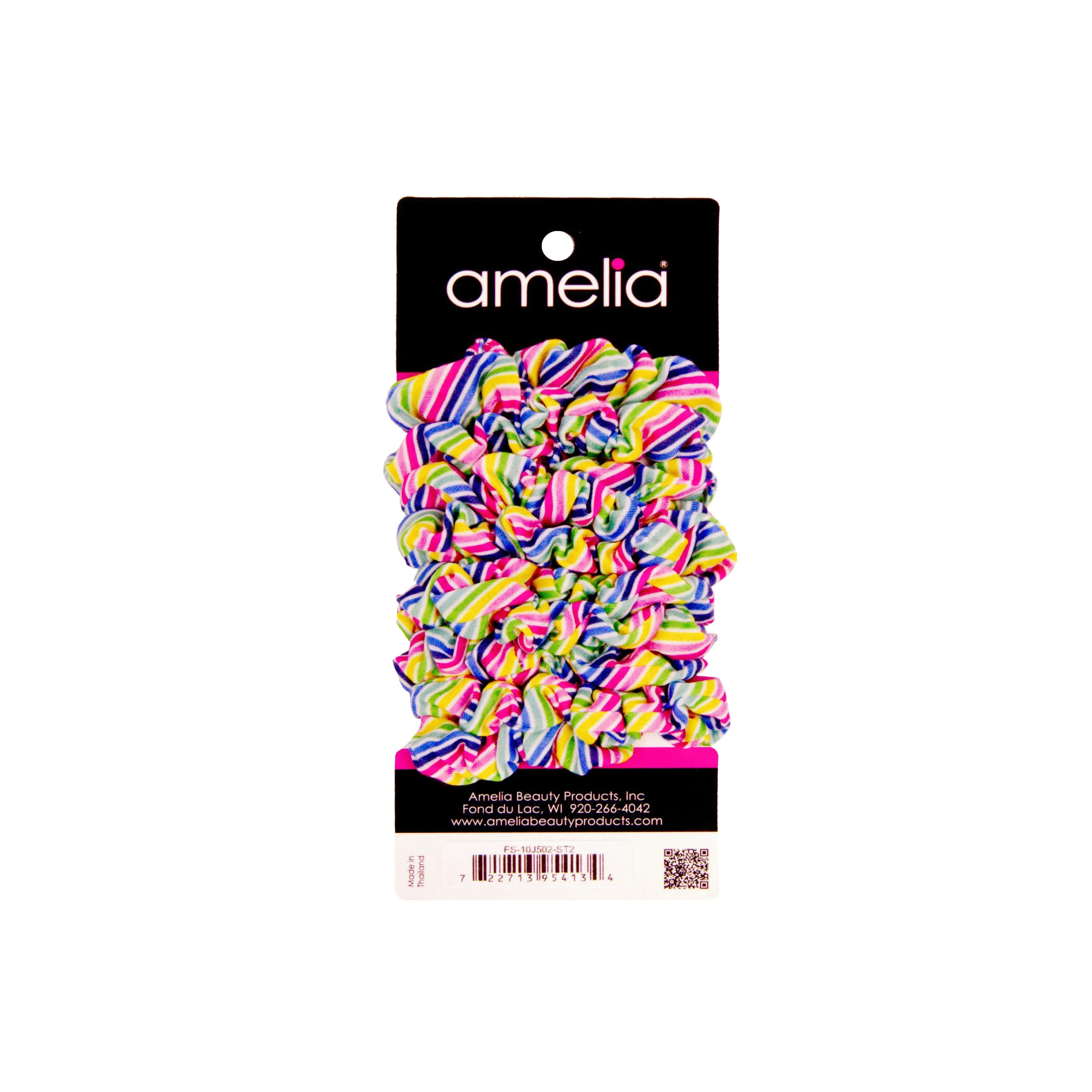 Amelia Beauty, Medium Rainbow Stripe Jersey Scrunchies, 2.5in Diameter, Gentle on Hair, Strong Hold, No Snag, No Dents or Creases. 10 Pack